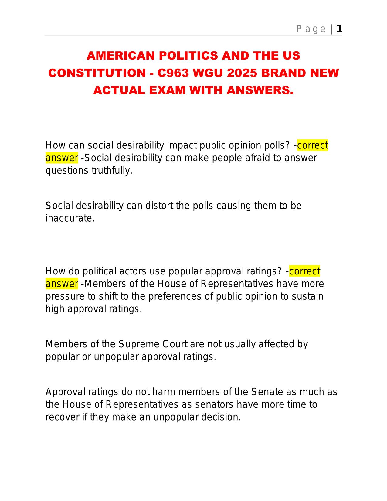 AMERICAN POLITICS AND THE US CONSTITUTION - C963 WGU 2025 BRAND NEW ACTUAL EXAM WITH ANSWERS.