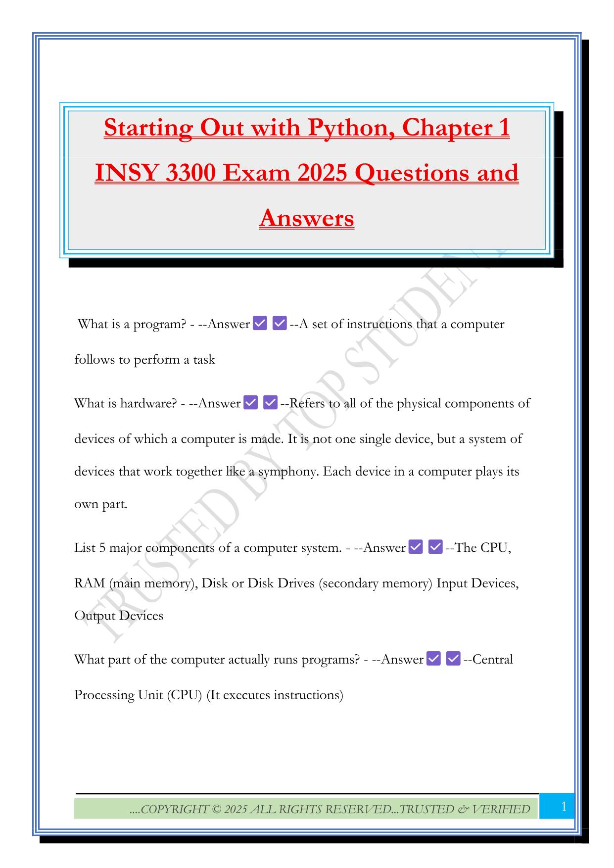 Starting Out with Python, Chapter 1 INSY 3300 Exam 2025 Questions and Answers