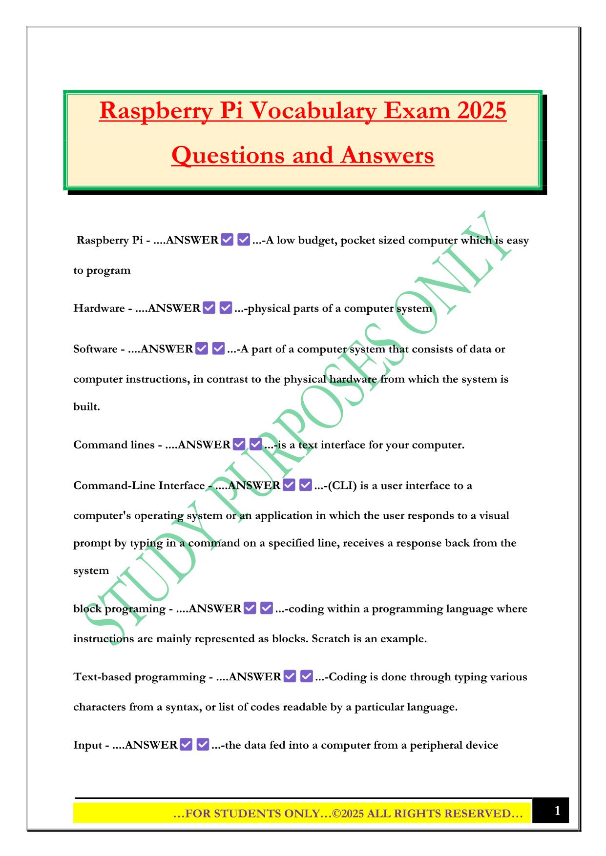 Raspberry Pi Vocabulary Exam 2025 Questions and Answers