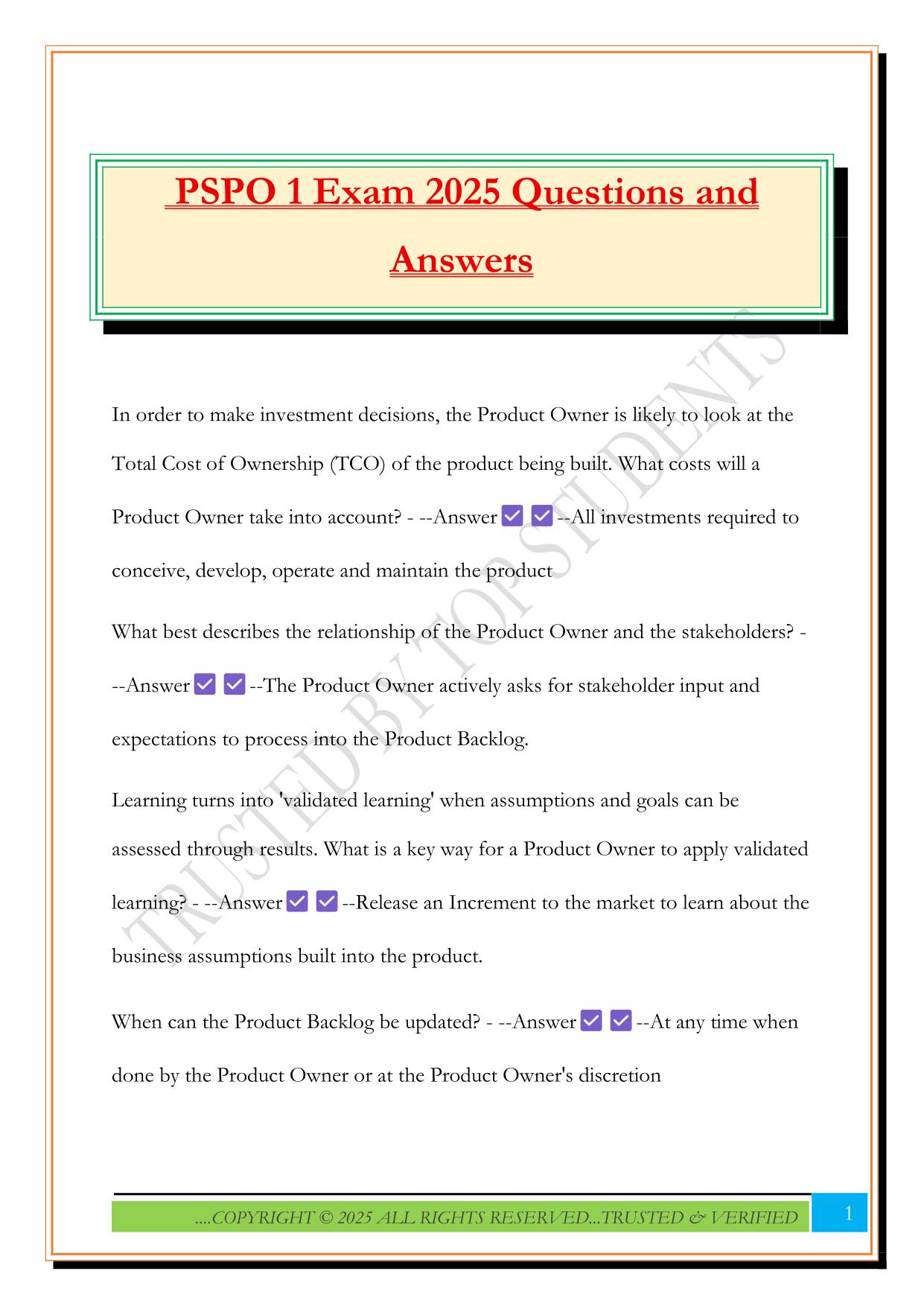 PSPO 1 Exam 2025 Questions and Answers