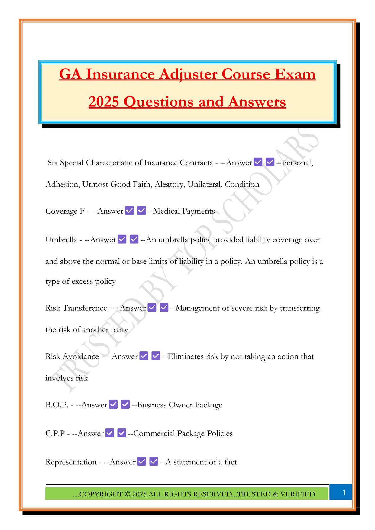GA Insurance Adjuster Course Exam 2025 Questions and Answers