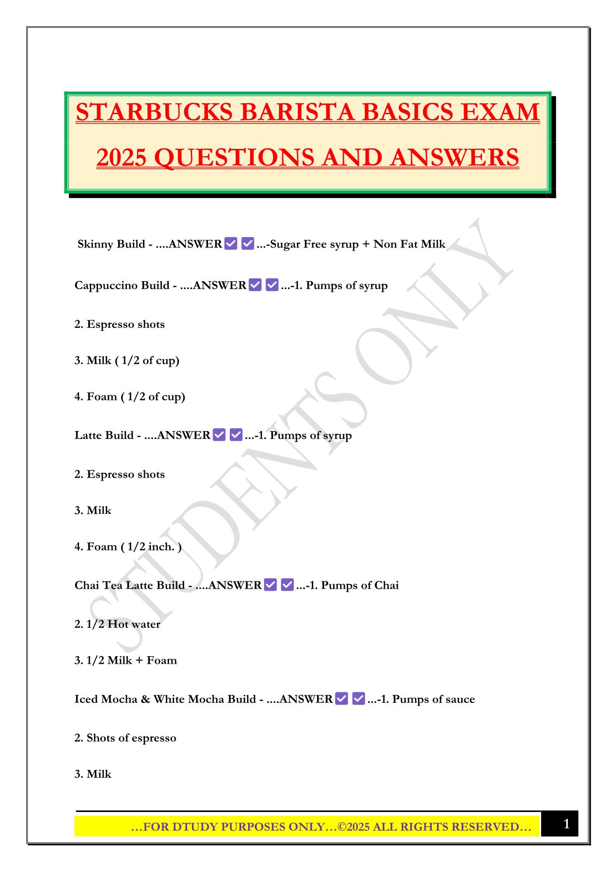 STARBUCKS BARISTA BASICS EXAM 2025 QUESTIONS AND ANSWERS