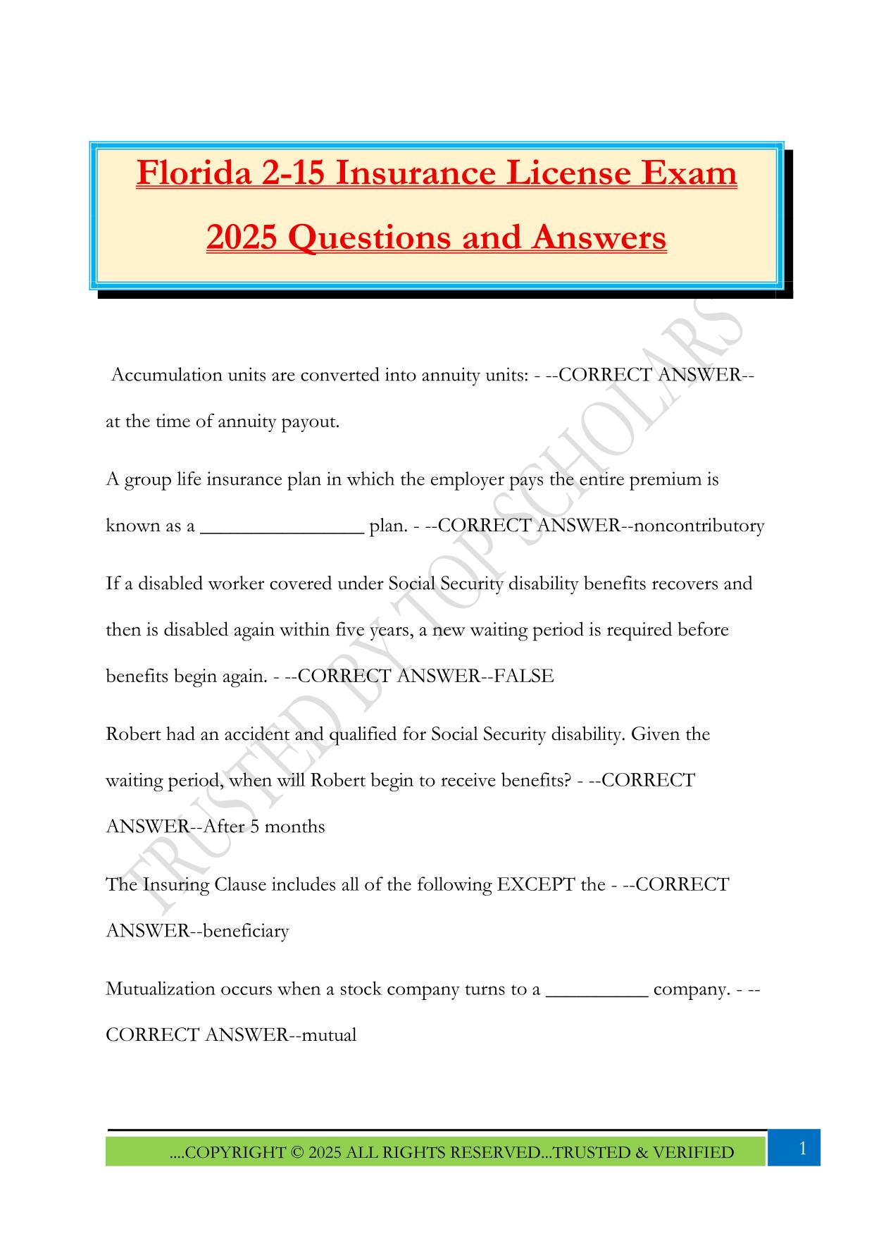 Florida 2-15 Insurance License Exam 2025 Questions and Answers