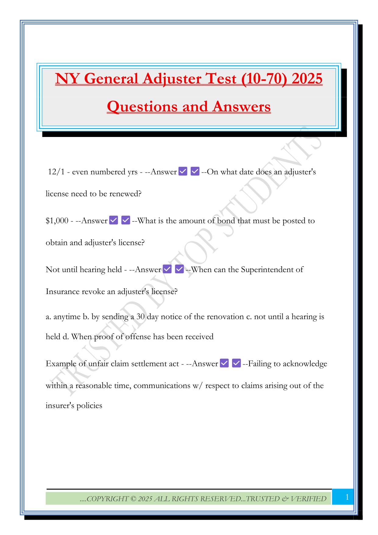 NY General Adjuster Test (10-70) 2025 Questions and Answers