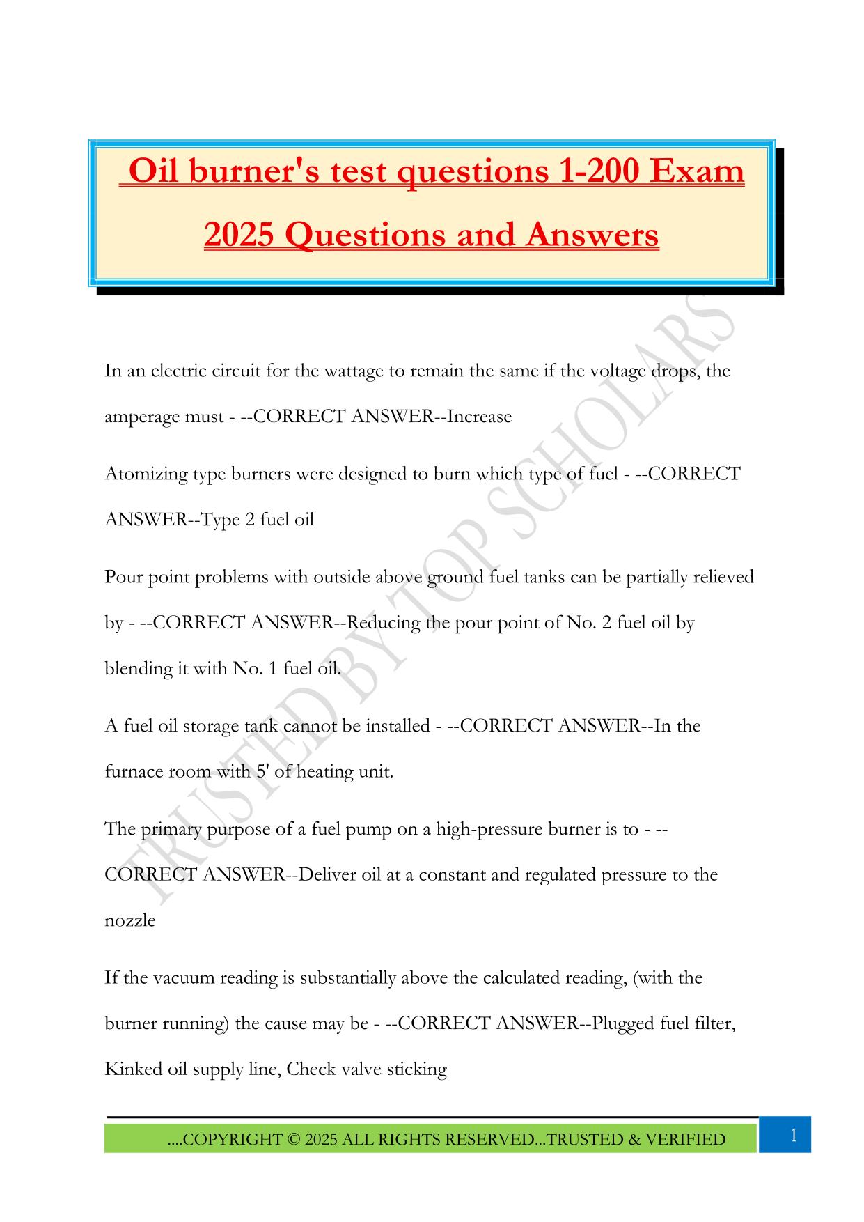 Oil burner's test questions 1-200 Exam 2025 Questions and Answers