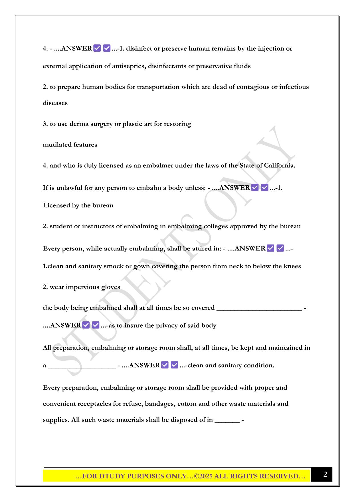 CA EMBALMER'S EXAM - COMPLETE EASY 2025 QUESTIONS AND ANSWERS