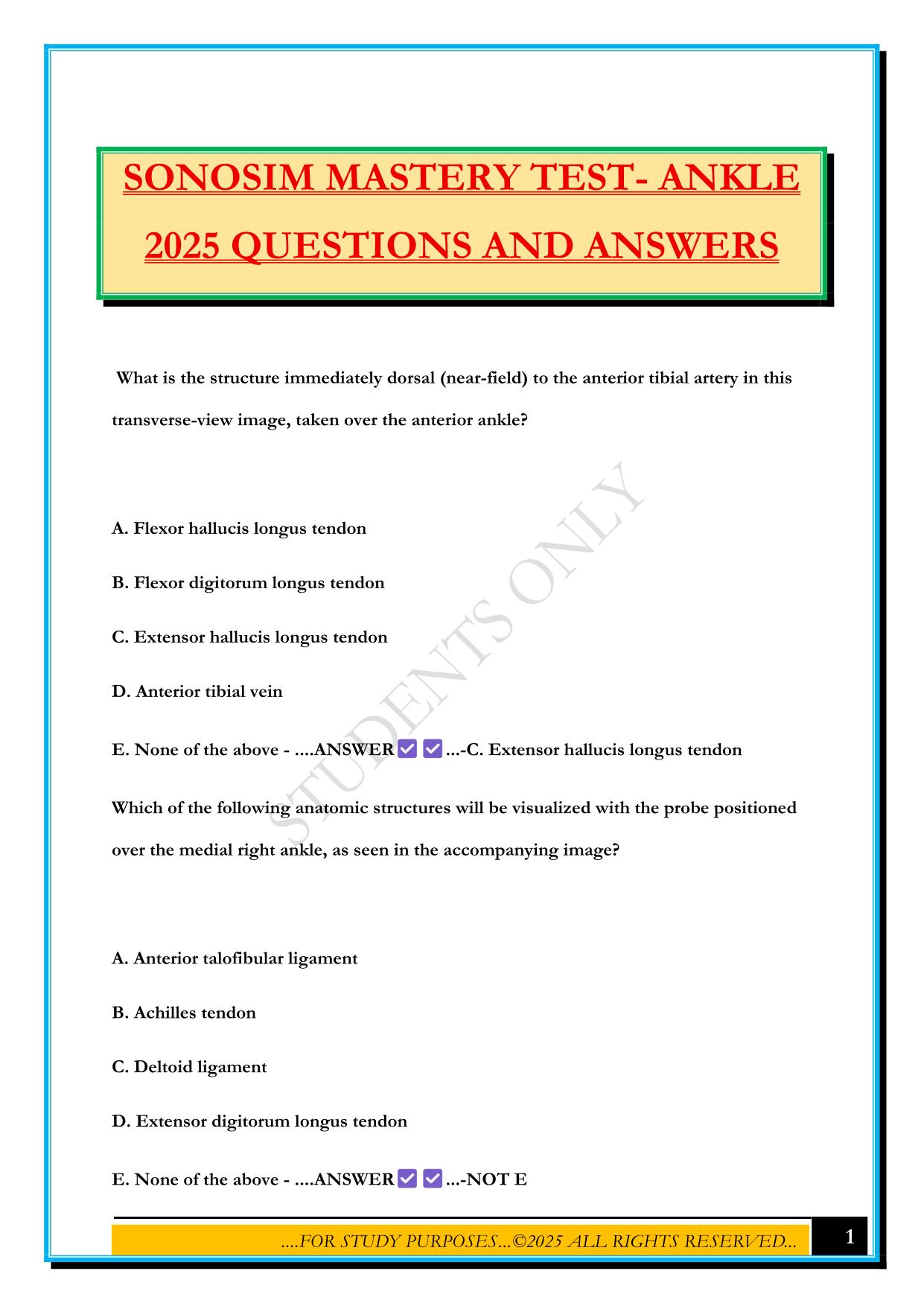 SONOSIM MASTERY TEST- ANKLE 2025 QUESTIONS AND ANSWERS