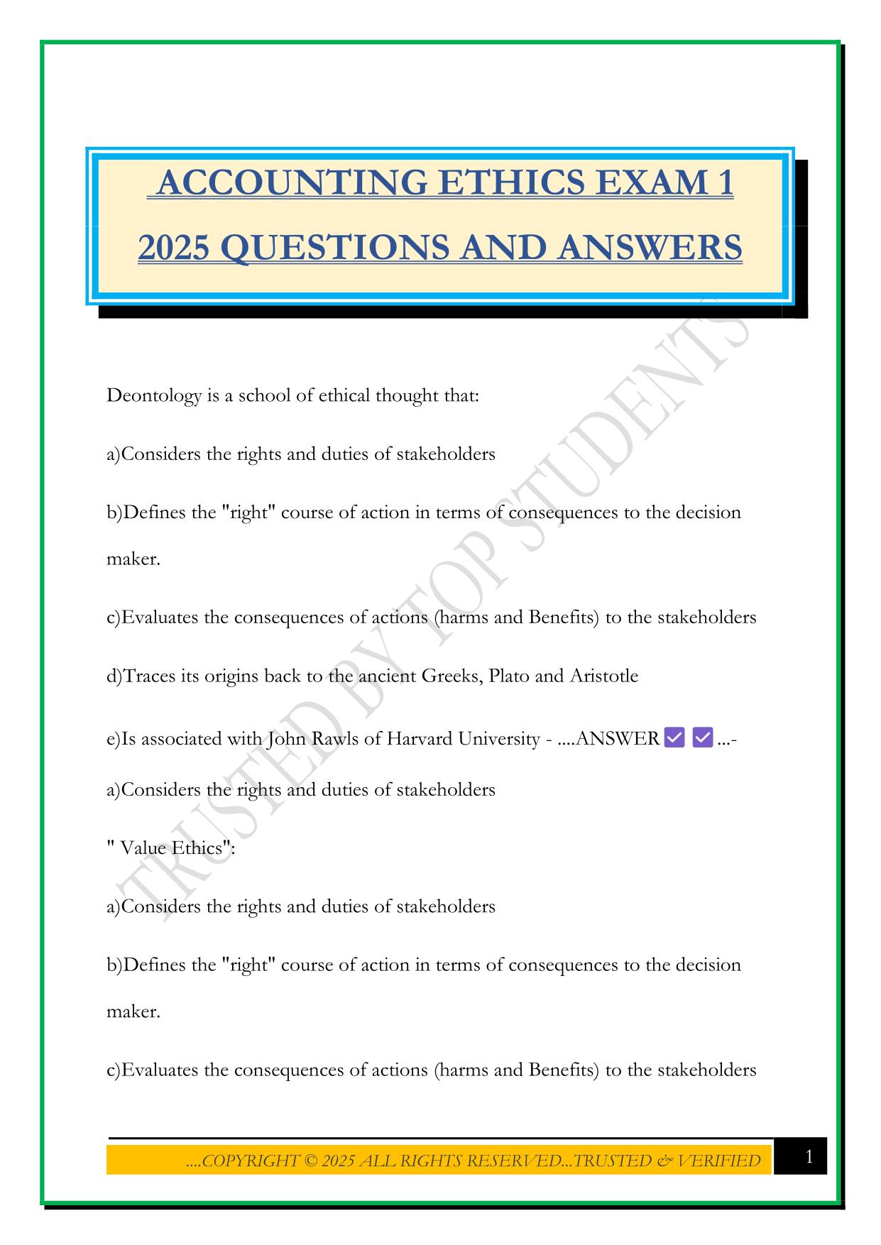 ACCOUNTING ETHICS EXAM 1 2025 QUESTIONS AND ANSWERS