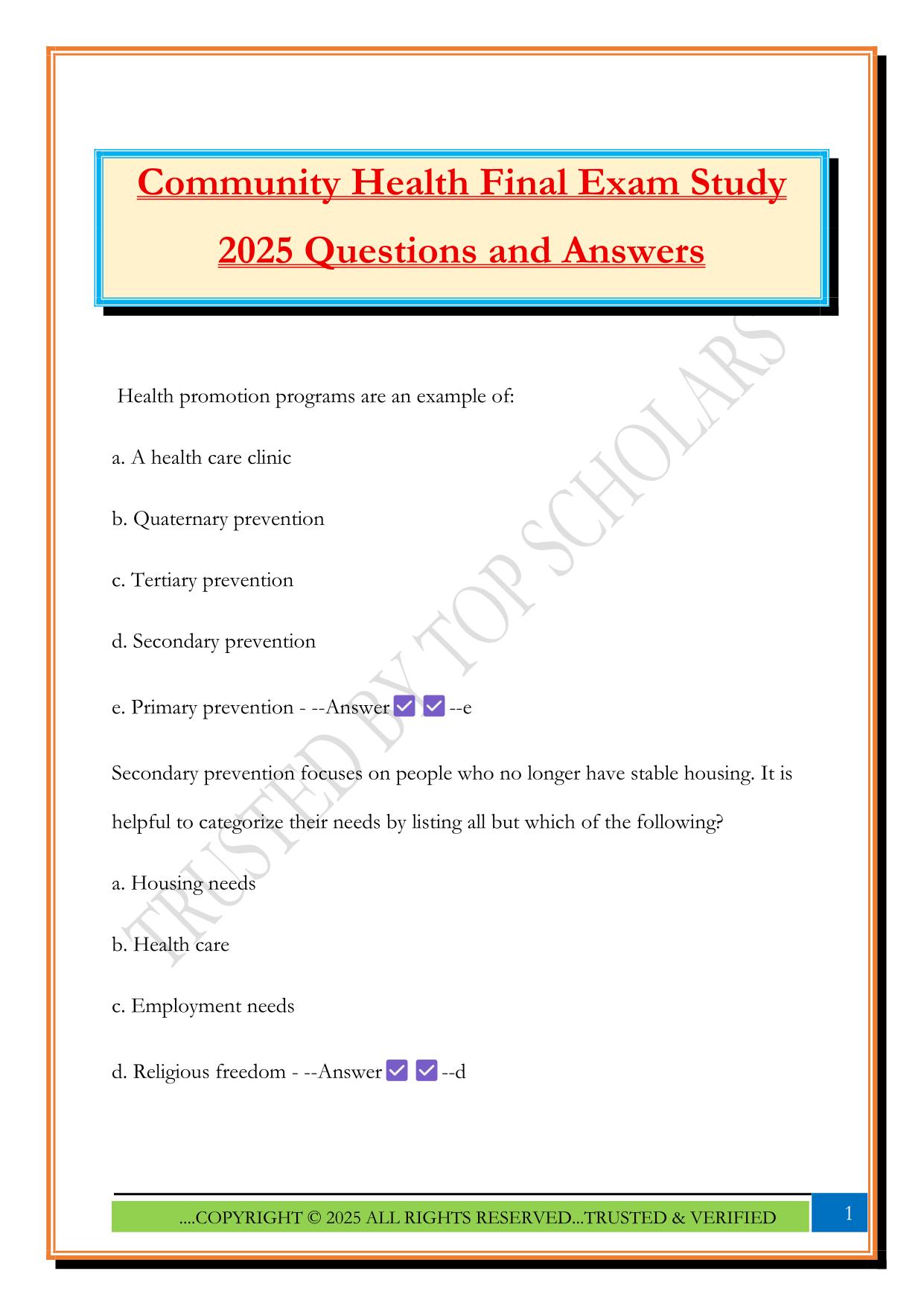 Community Health Final Exam Study 2025 Questions and Answers