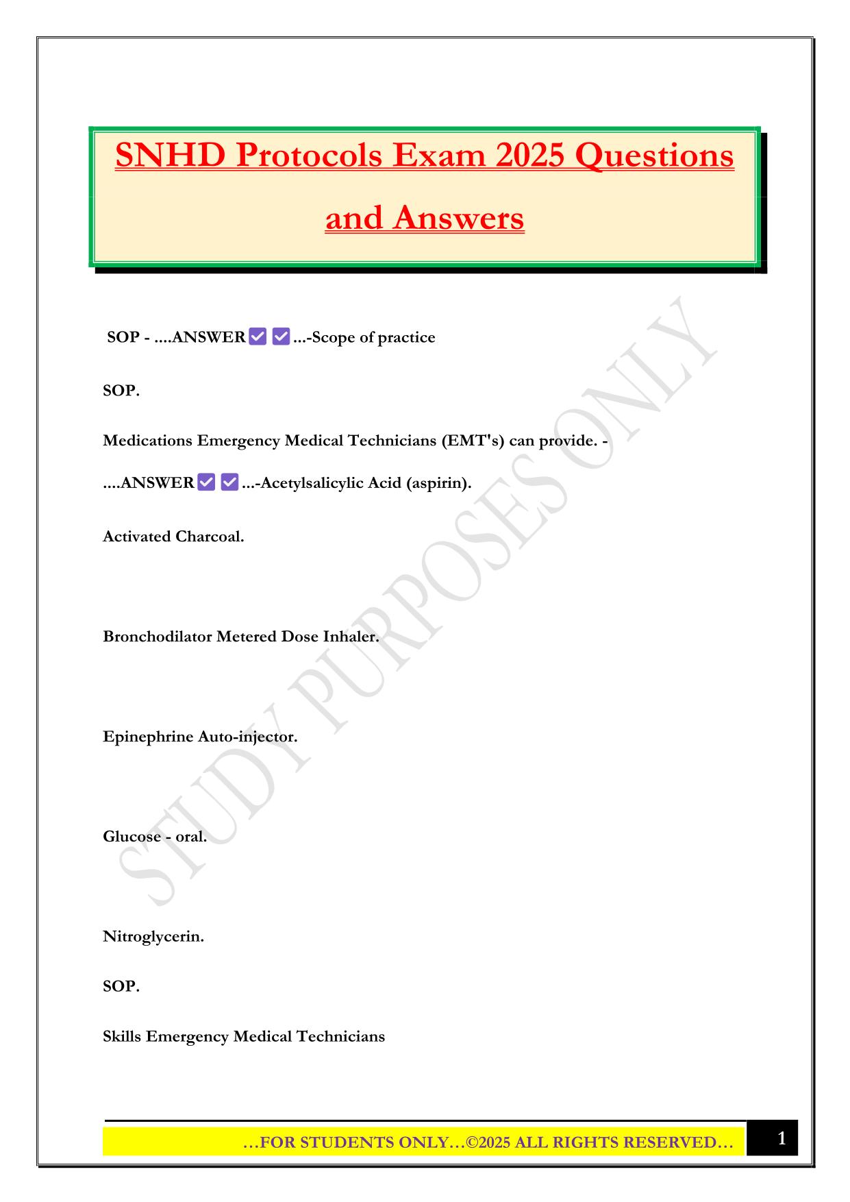 SNHD Protocols Exam 2025 Questions and Answers