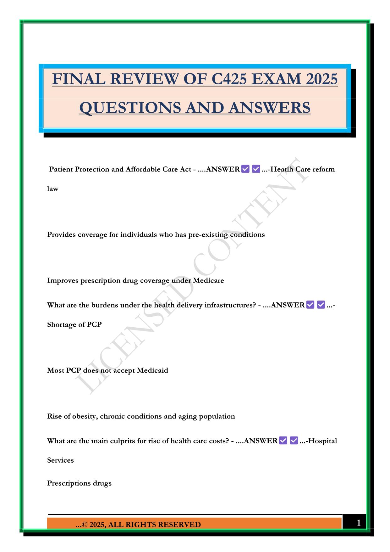 FINAL REVIEW OF C425 EXAM 2025 QUESTIONS AND ANSWERS