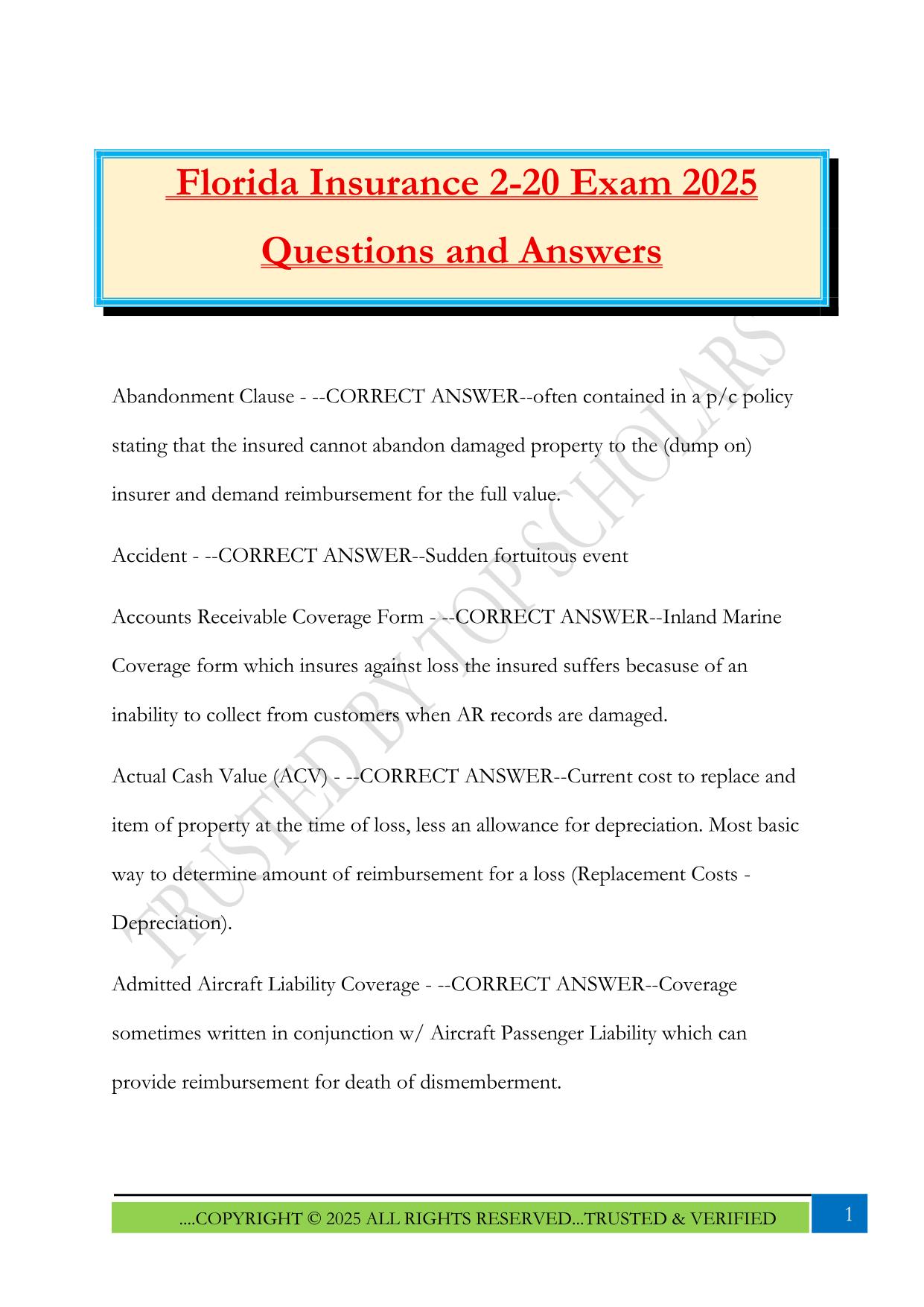 Florida Insurance 2-20 Exam 2025 Questions and Answers