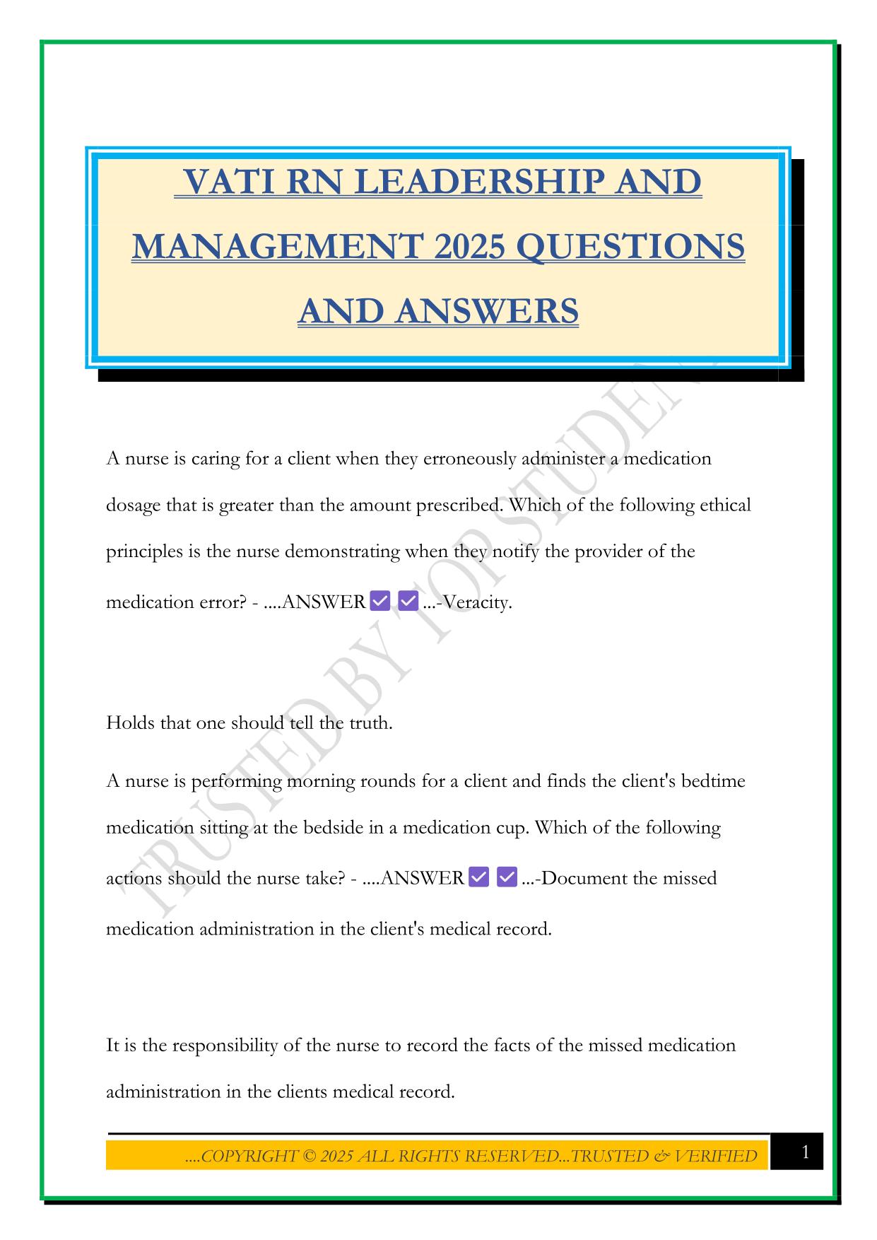 VATI RN LEADERSHIP AND MANAGEMENT 2025 QUESTIONS AND ANSWERS