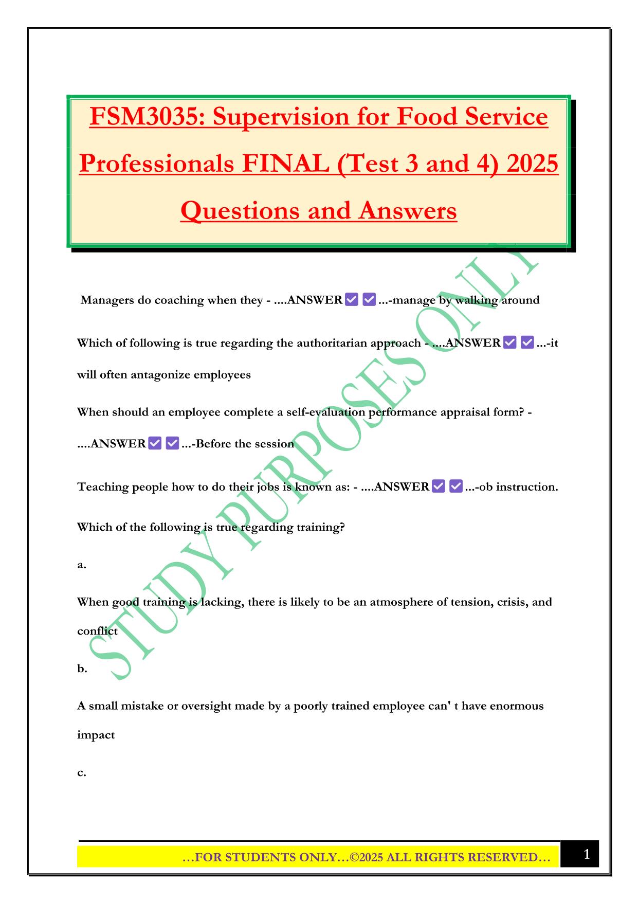 FSM3035: Supervision for Food Service Professionals FINAL (Test 3 and 4) 2025 Questions and Answers