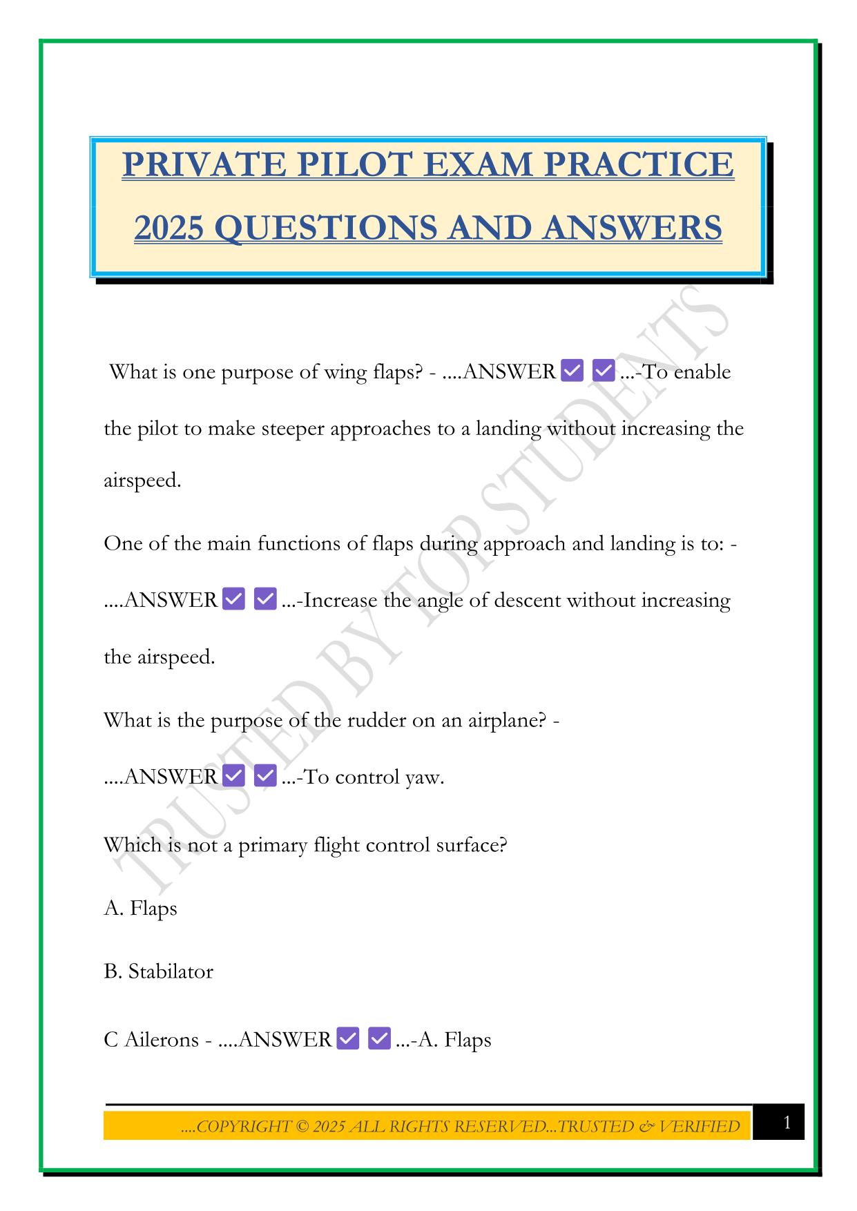 PRIVATE PILOT EXAM PRACTICE 2025 QUESTIONS AND ANSWERS