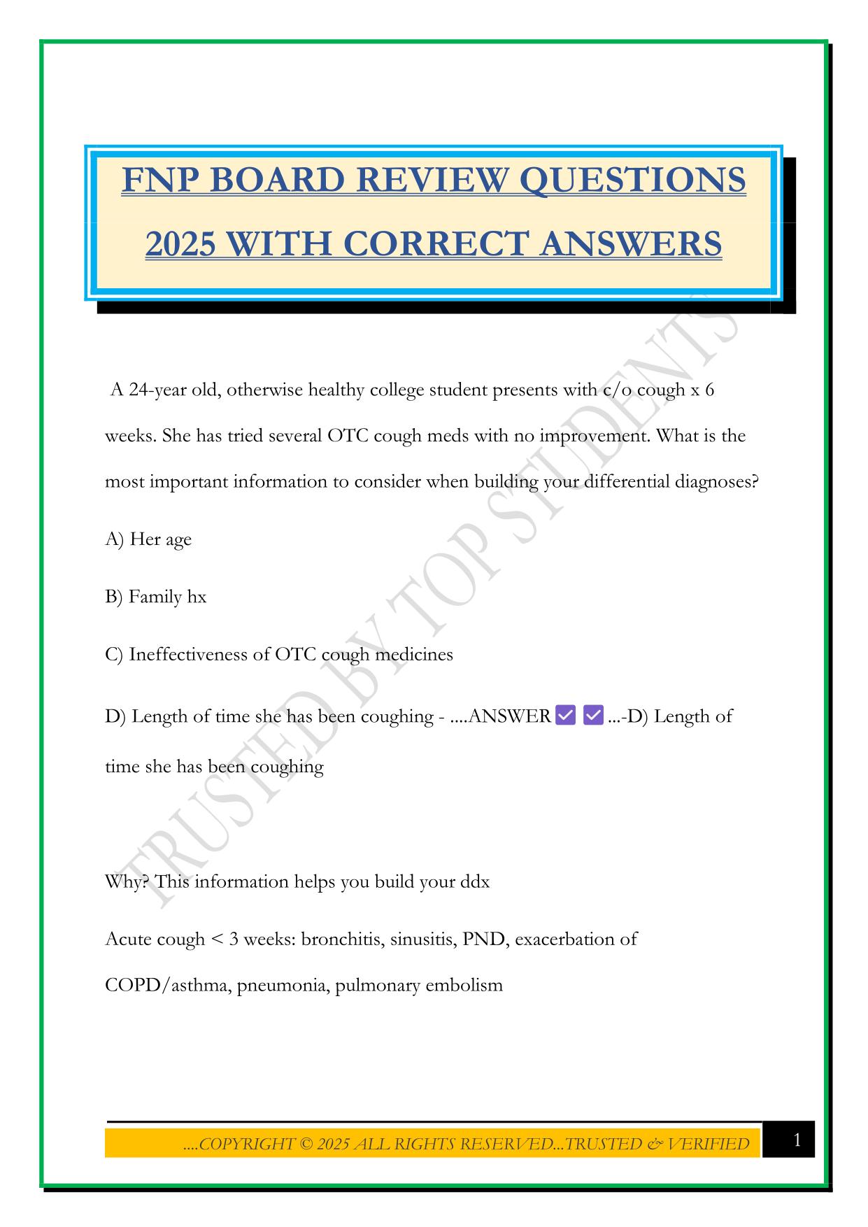 FNP BOARD REVIEW QUESTIONS 2025 WITH CORRECT ANSWERS