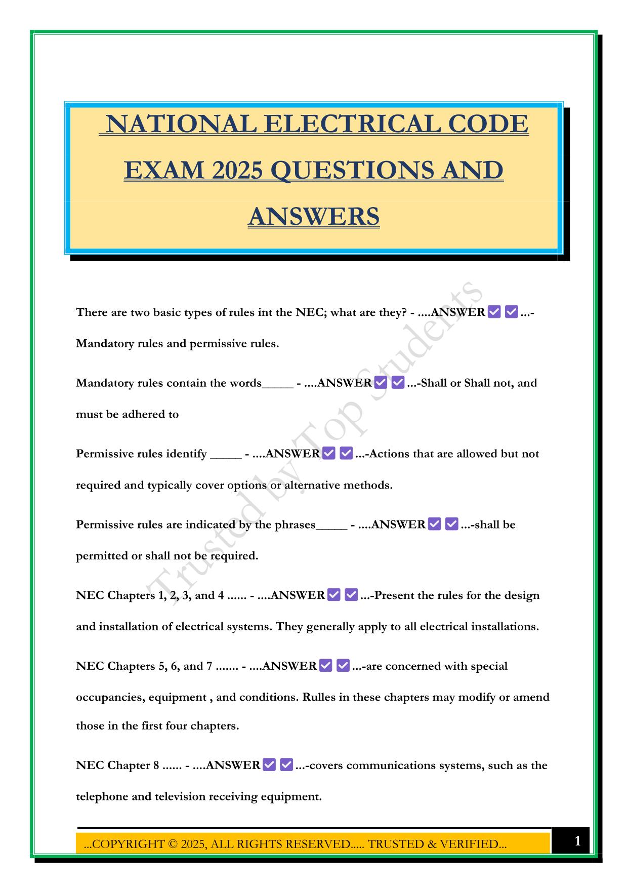 NATIONAL ELECTRICAL CODE EXAM 2025 QUESTIONS AND ANSWERS