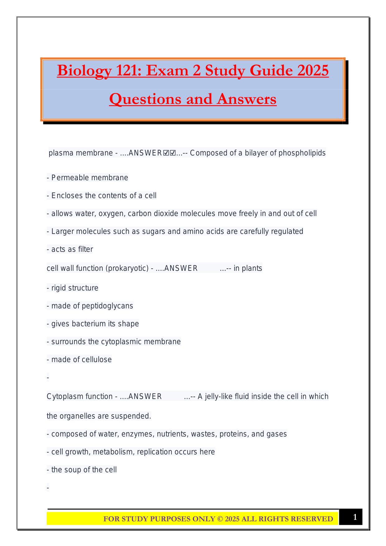 Biology 121: Exam 2 Study Guide 2025 Questions and Answers