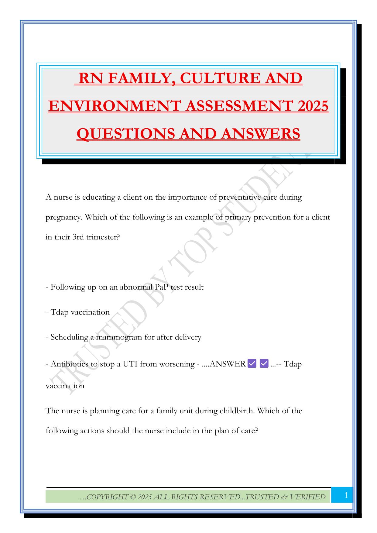 RN FAMILY, CULTURE AND ENVIRONMENT ASSESSMENT 2025 QUESTIONS AND ANSWERS