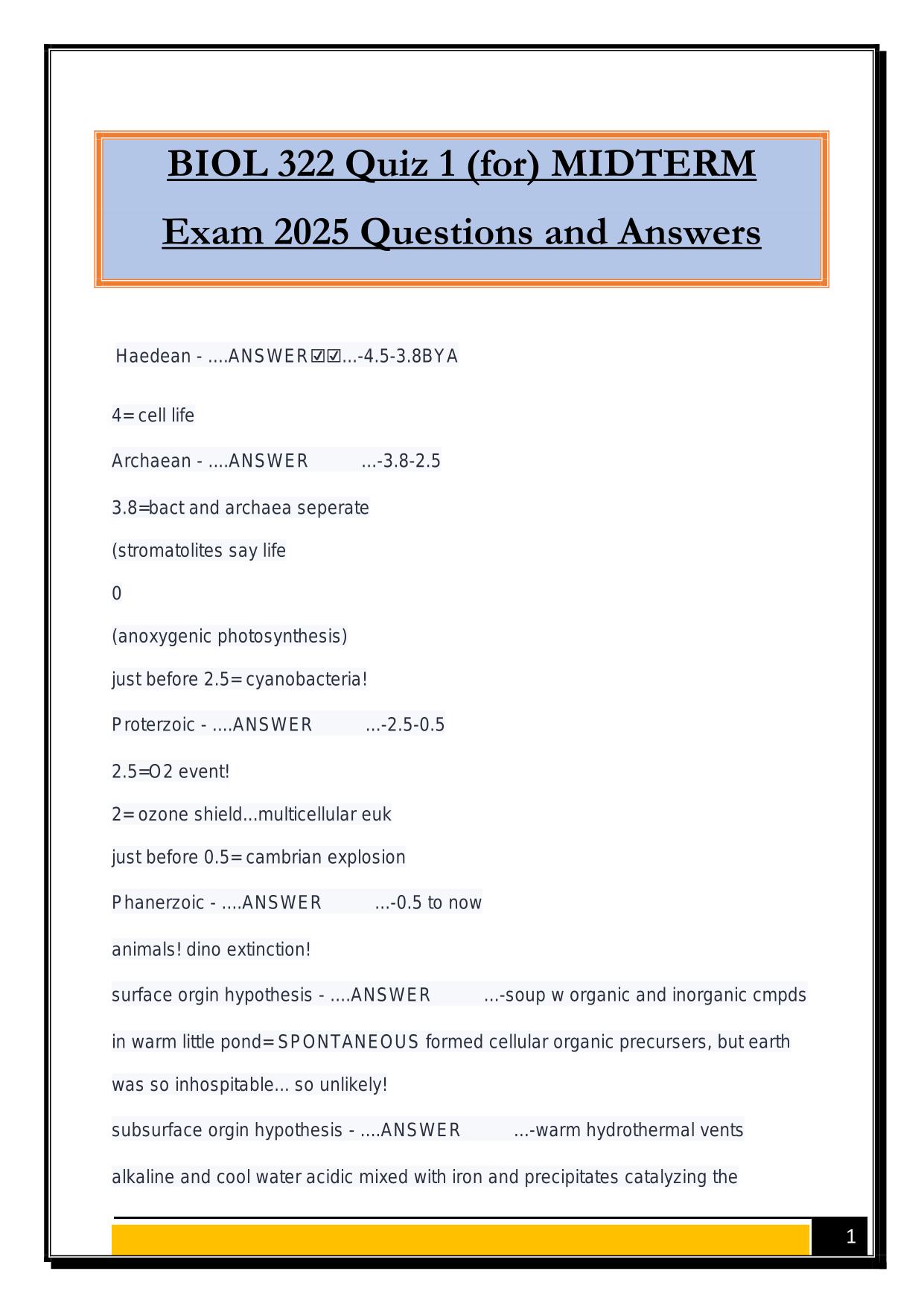 BIOL 322 Quiz 1 (for) MIDTERM Exam 2025 Questions and Answers