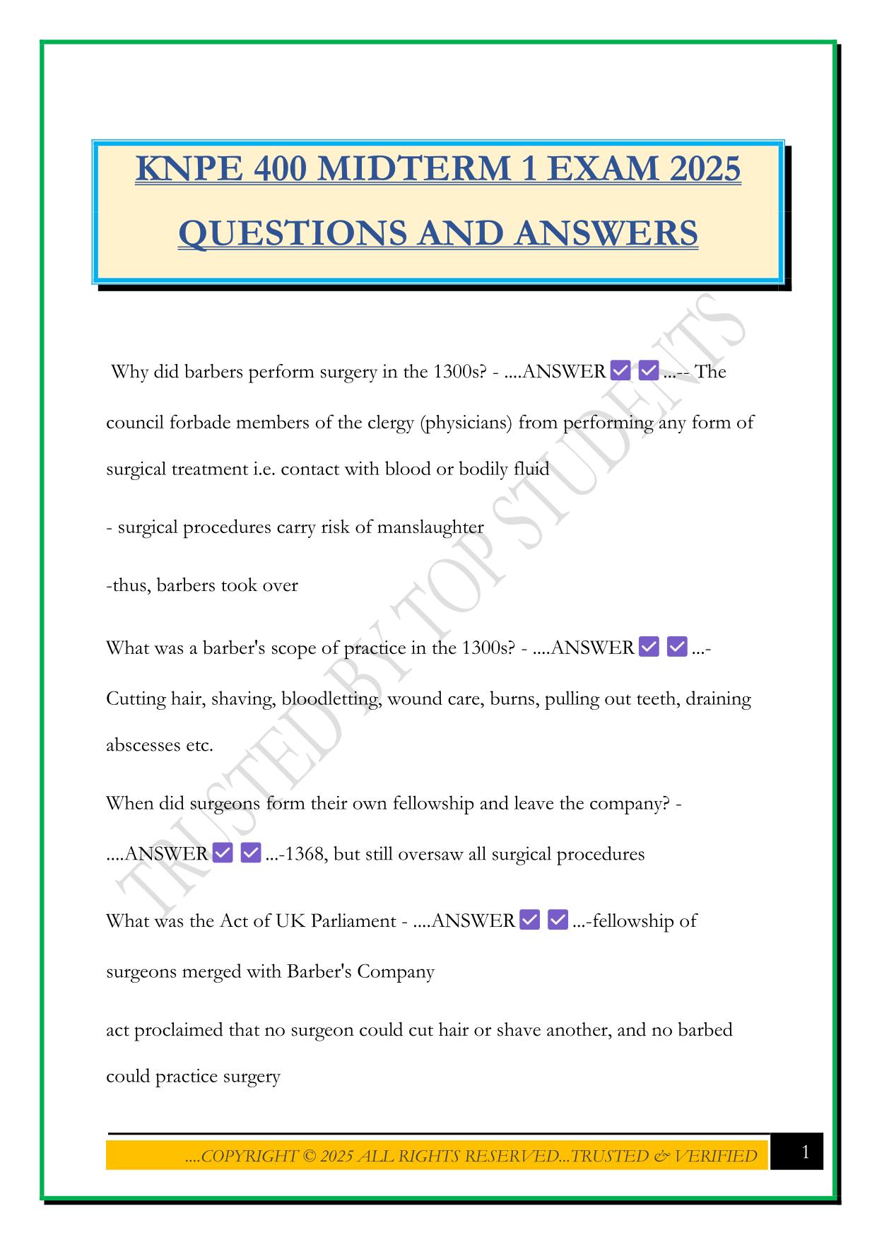 KNPE 400 MIDTERM 1 EXAM 2025 QUESTIONS AND ANSWERS