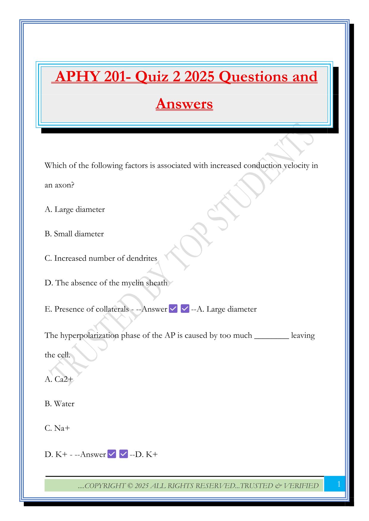 APHY 201- Quiz 2 2025 Questions and Answers