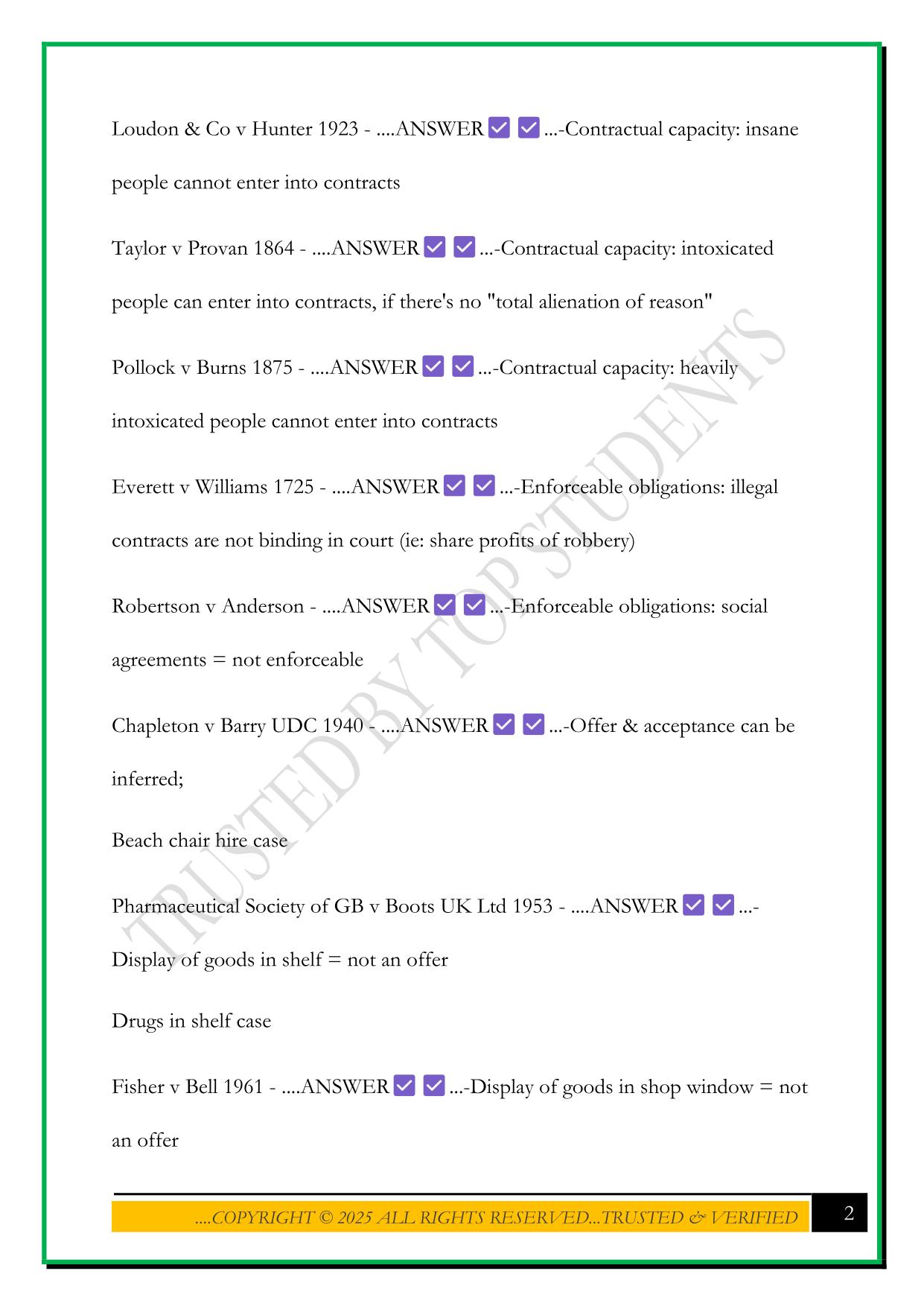 CONTRACT LAW CASES EXAM 2025 QUESTIONS AND ANSWERS