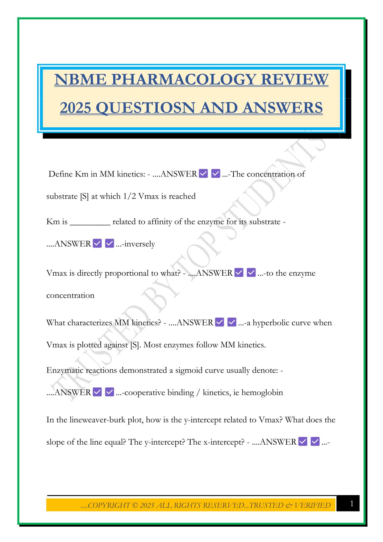 NBME PHARMACOLOGY REVIEW 2025 QUESTIOSN AND ANSWERS