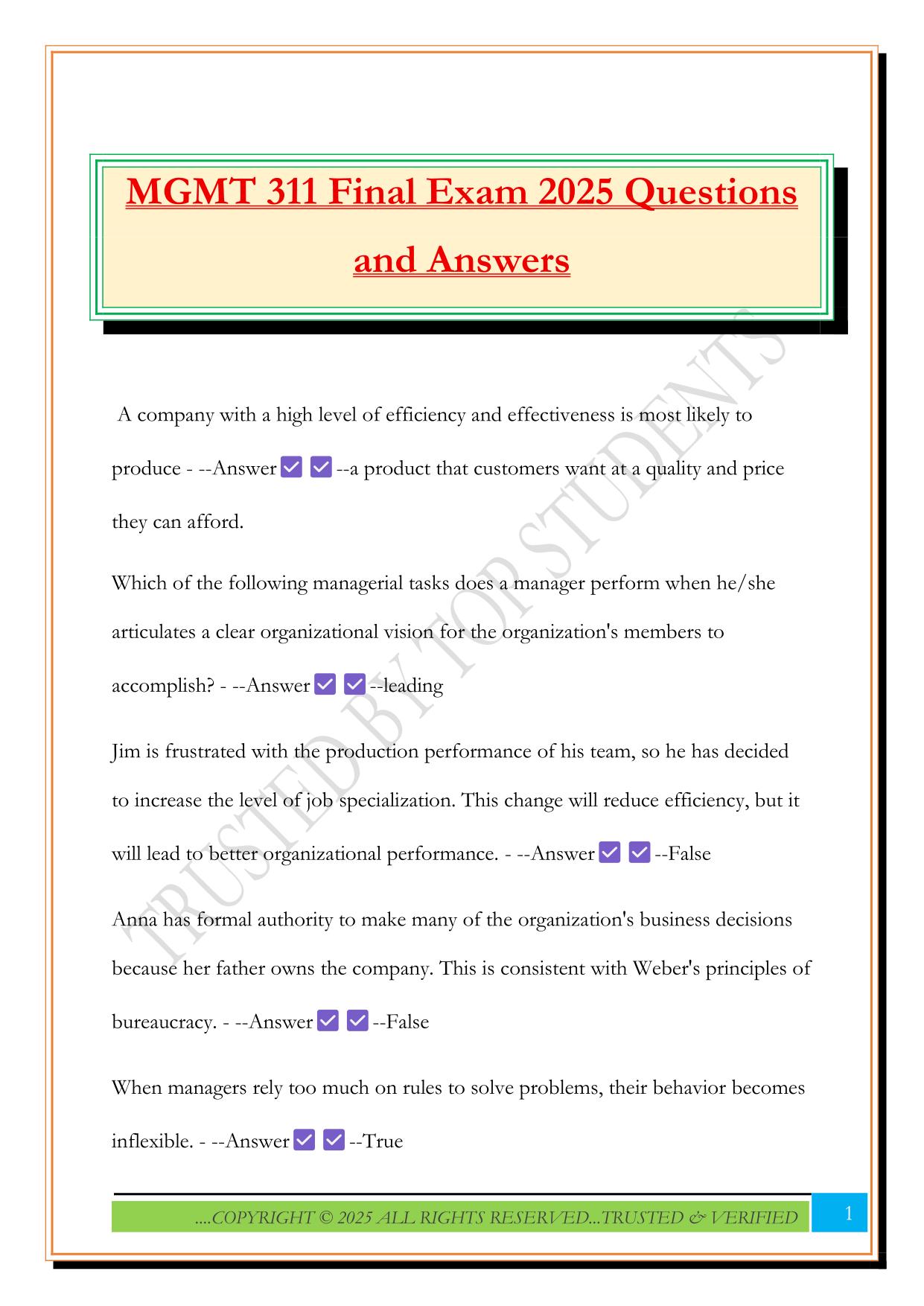 MGMT 311 Final Exam 2025 Questions and Answers