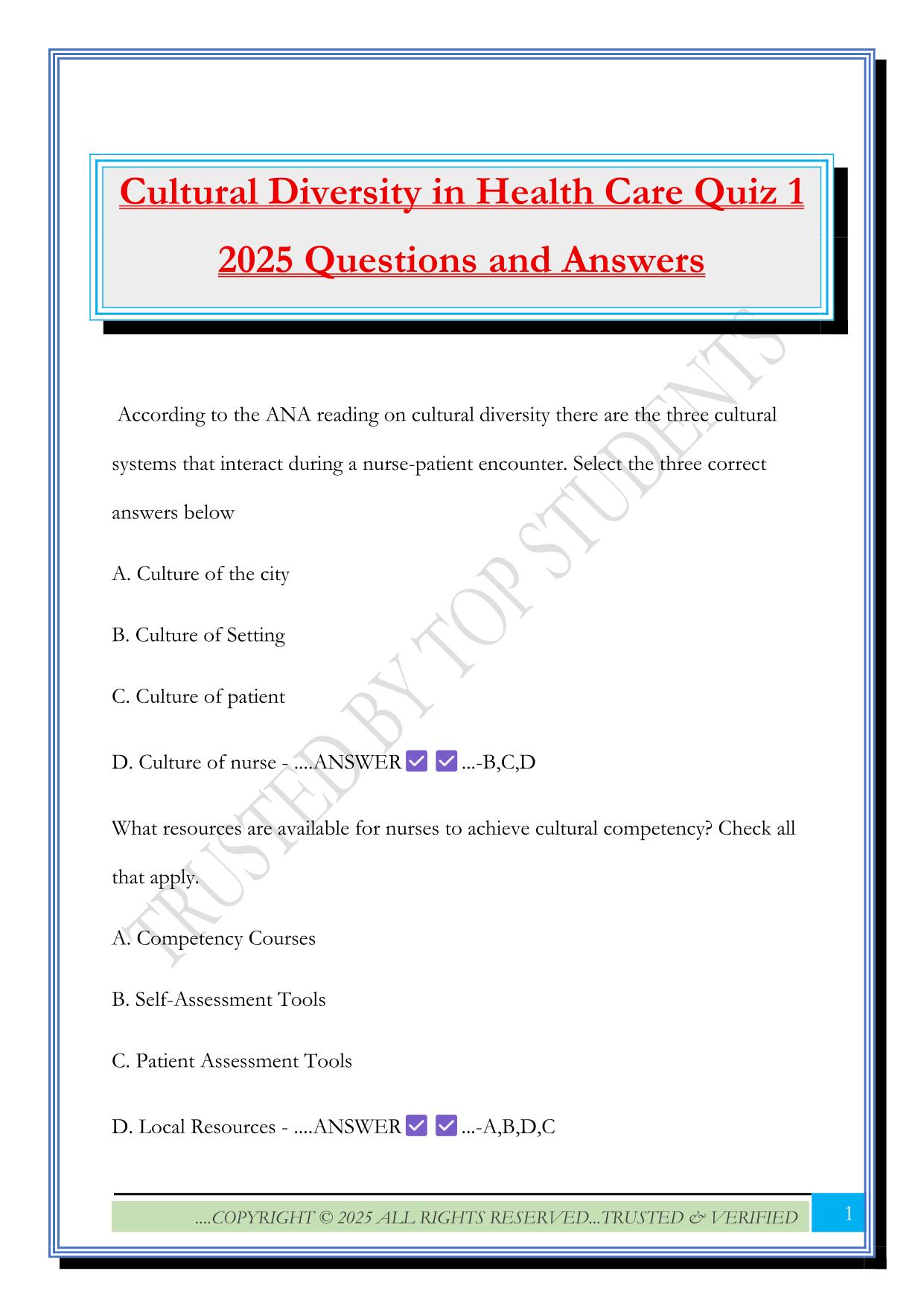 ATI Cultural Diversity Fall 2025 Bundled Exams Questions and Answers |100% Pass |Verified and Updated