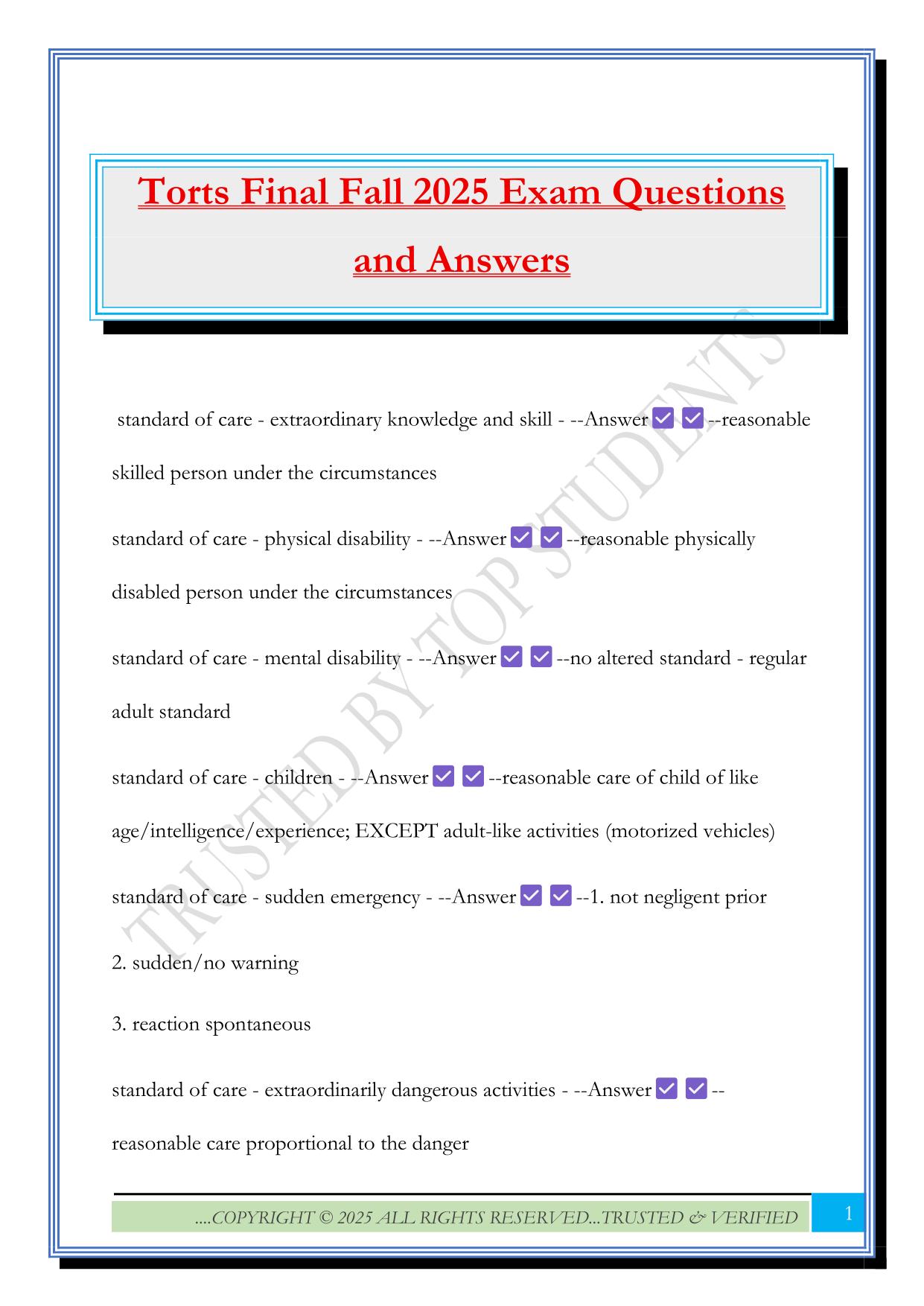 Torts Final Fall 2025 Exam Questions and Answers