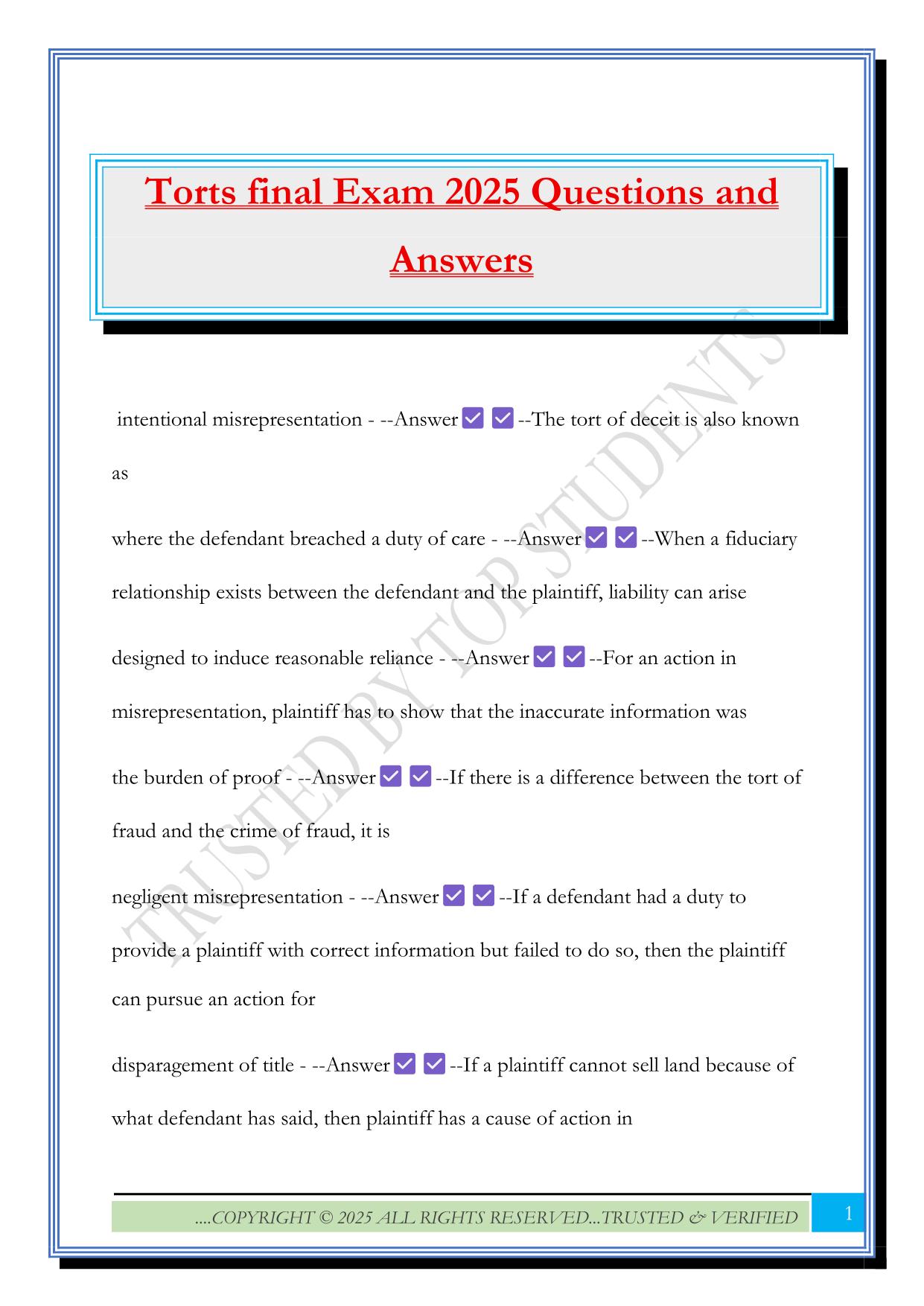 Torts final Exam 2025 Questions and Answers