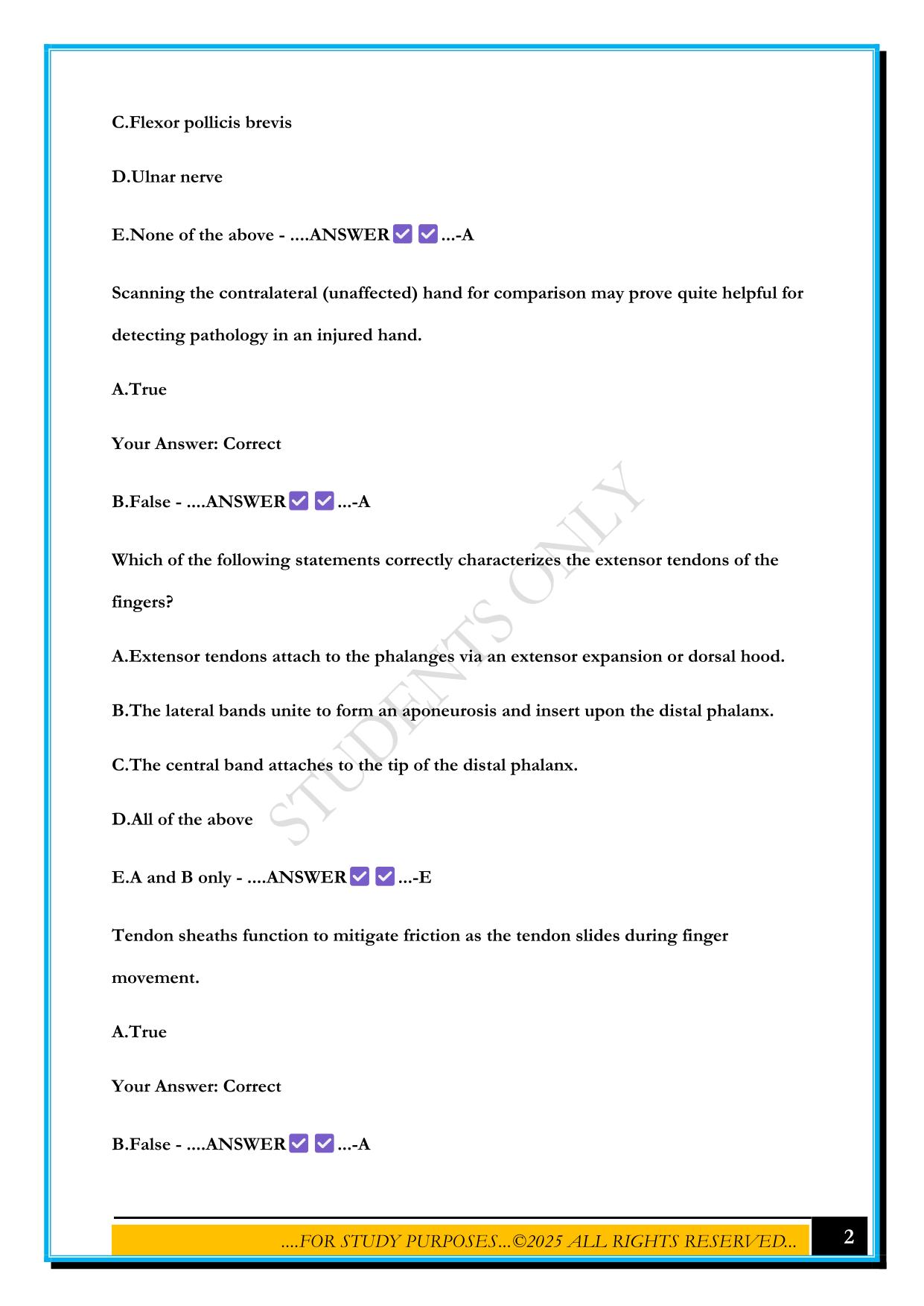 HAND & FINGER: ANATOMY & PHYSIOLOGY SONOSIM MASTERY EXAM 2025 QUESTIONS AND ANSWERS
