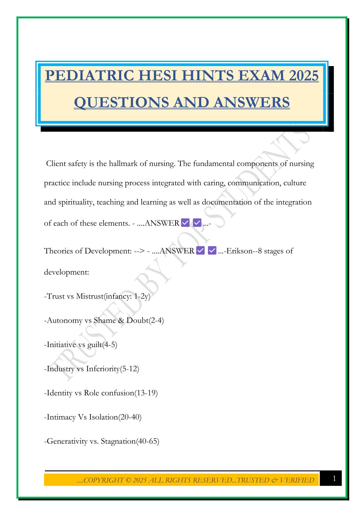 PEDIATRIC HESI HINTS EXAM 2025 QUESTIONS AND ANSWERS