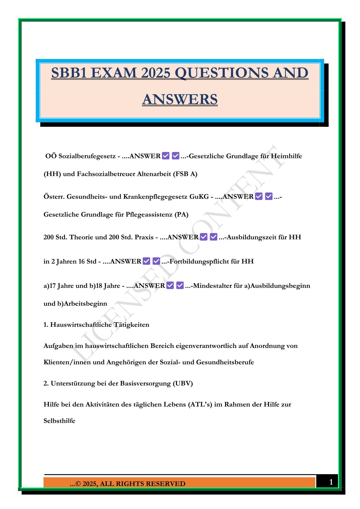 SBB1 EXAM 2025 QUESTIONS AND ANSWERS