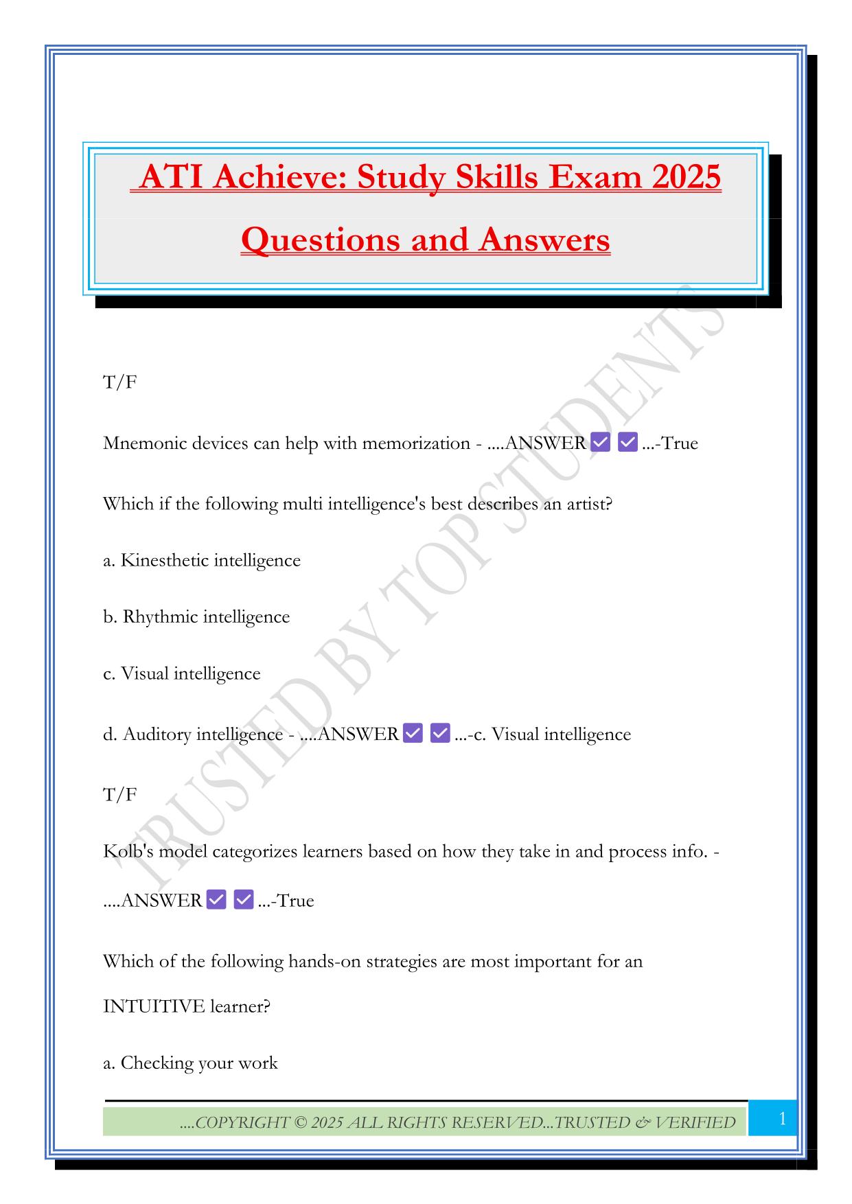 ATI Achieve: Study Skills Exam 2025 Questions and Answers