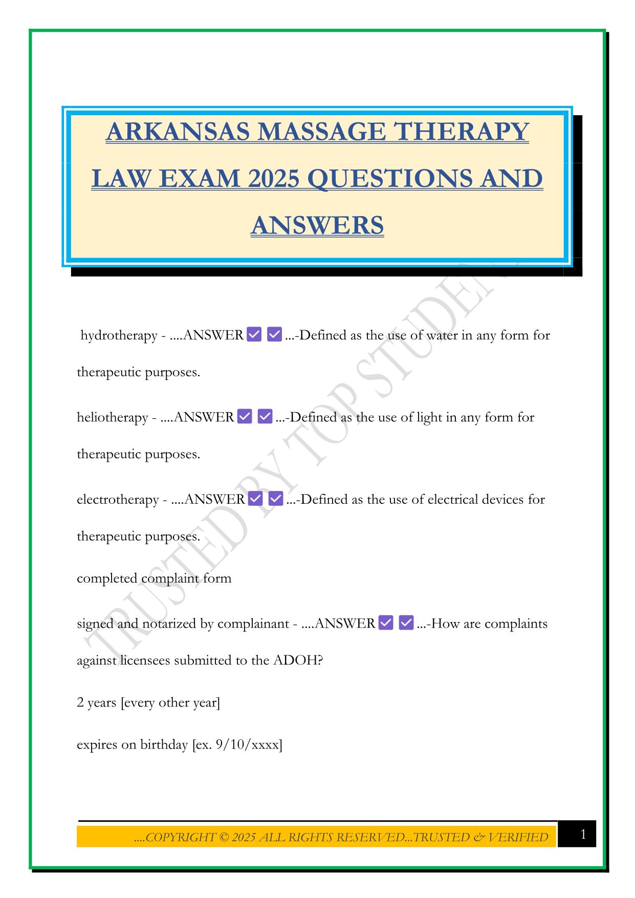 ARKANSAS MASSAGE THERAPY LAW EXAM 2025 QUESTIONS AND ANSWERS