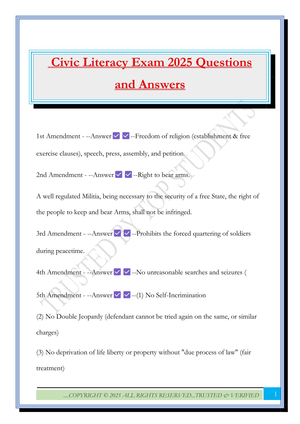 Civic Literacy Exam 2025 Questions and Answers