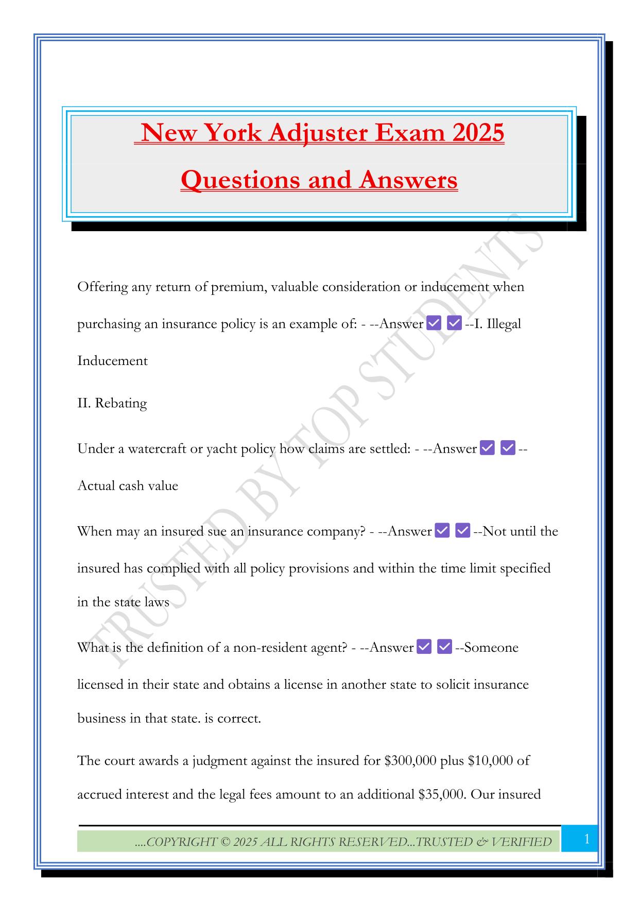 New York Adjuster Exam 2025 Questions and Answers
