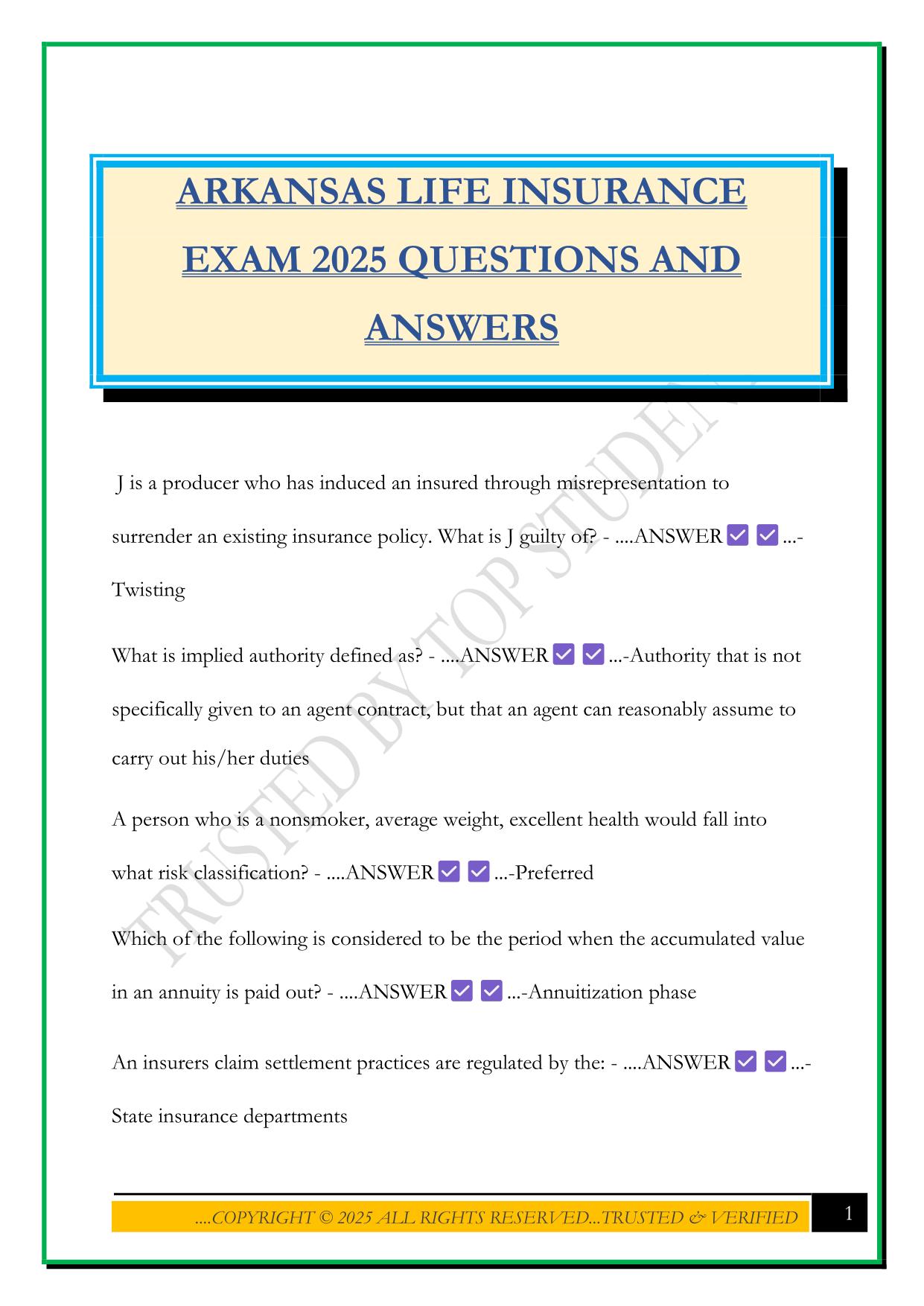 ARKANSAS LIFE INSURANCE EXAM 2025 QUESTIONS AND ANSWERS