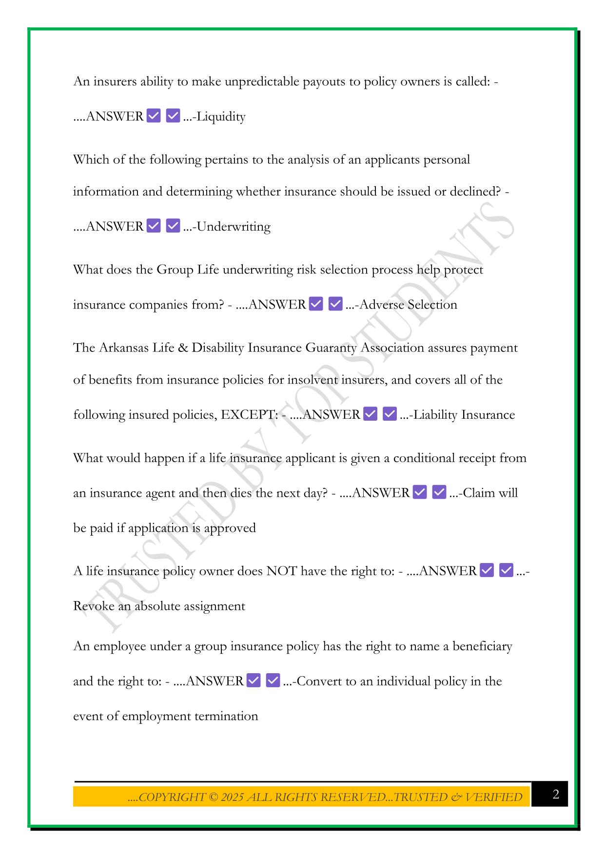 ARKANSAS LIFE INSURANCE EXAM 2025 QUESTIONS AND ANSWERS