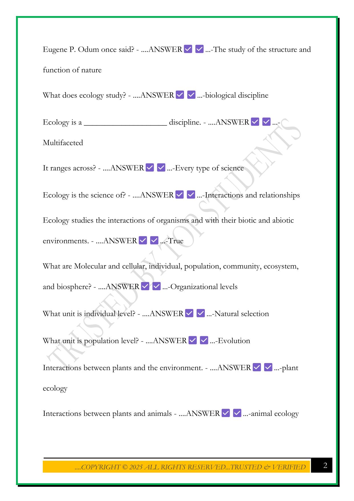 ECOLOGY EXAM 1 IUPUI 2025 QUESTIONS AND ANSWERS