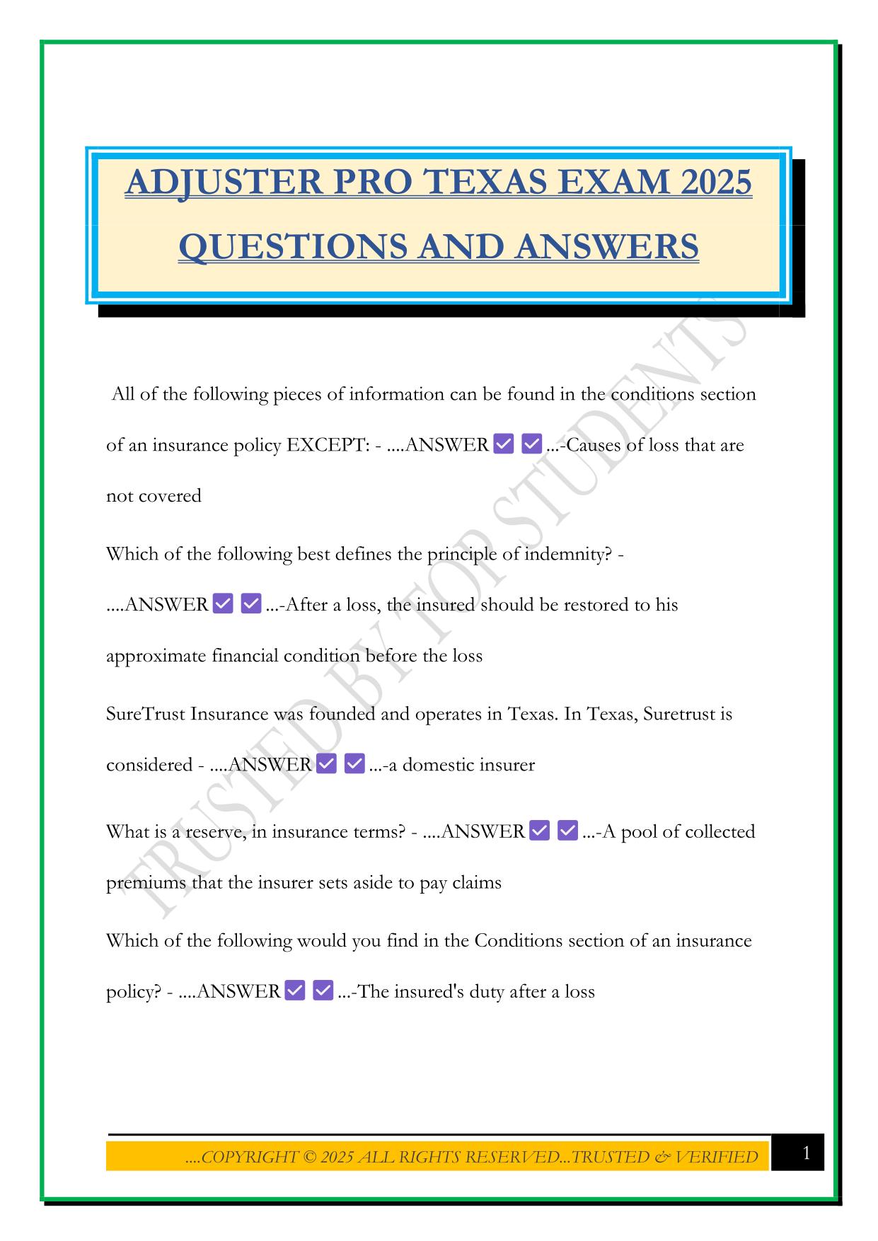 ADJUSTER PRO TEXAS EXAM 2025 QUESTIONS AND ANSWERS