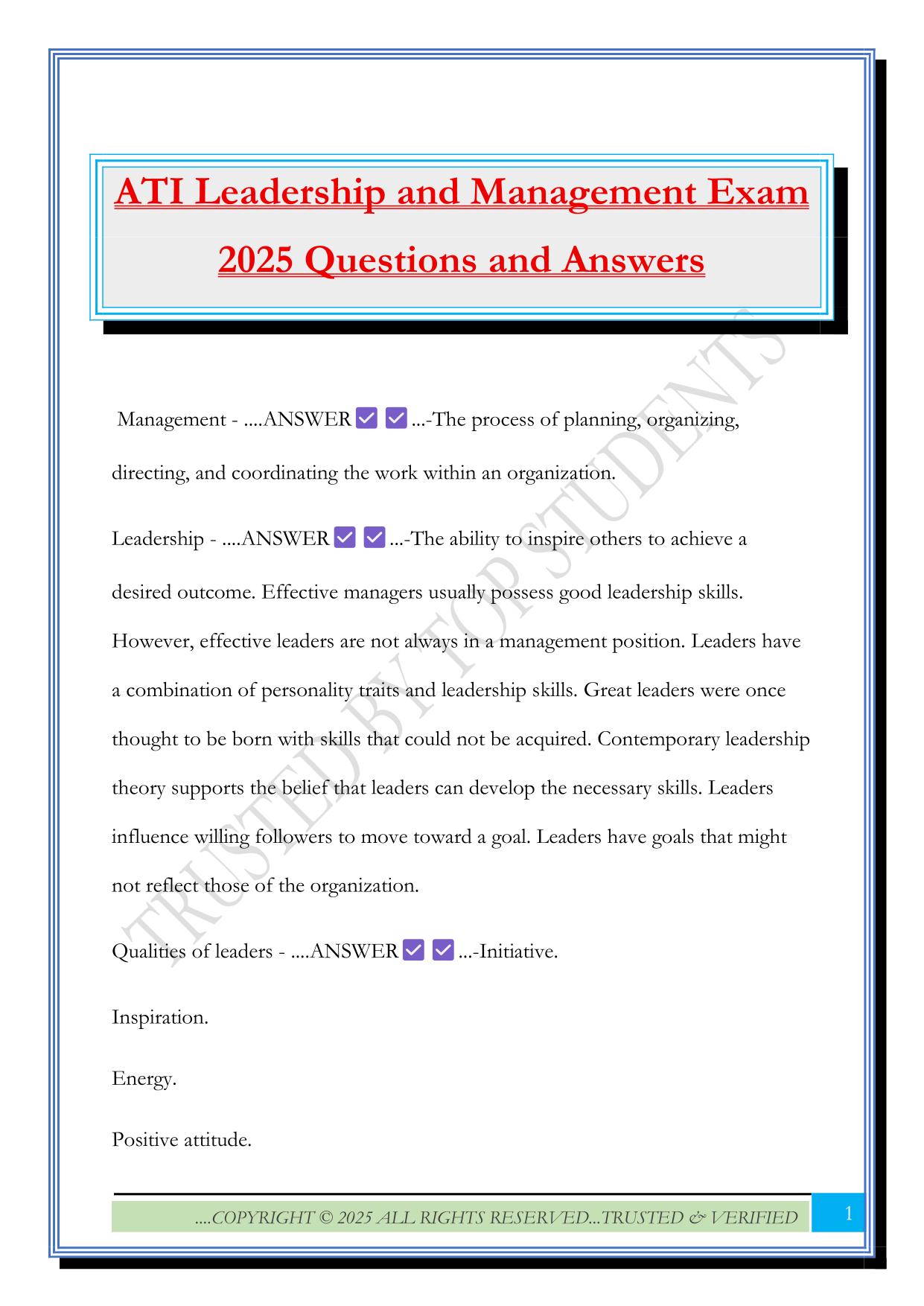 ATI Leadership and Management Exam 2025 Questions and Answers