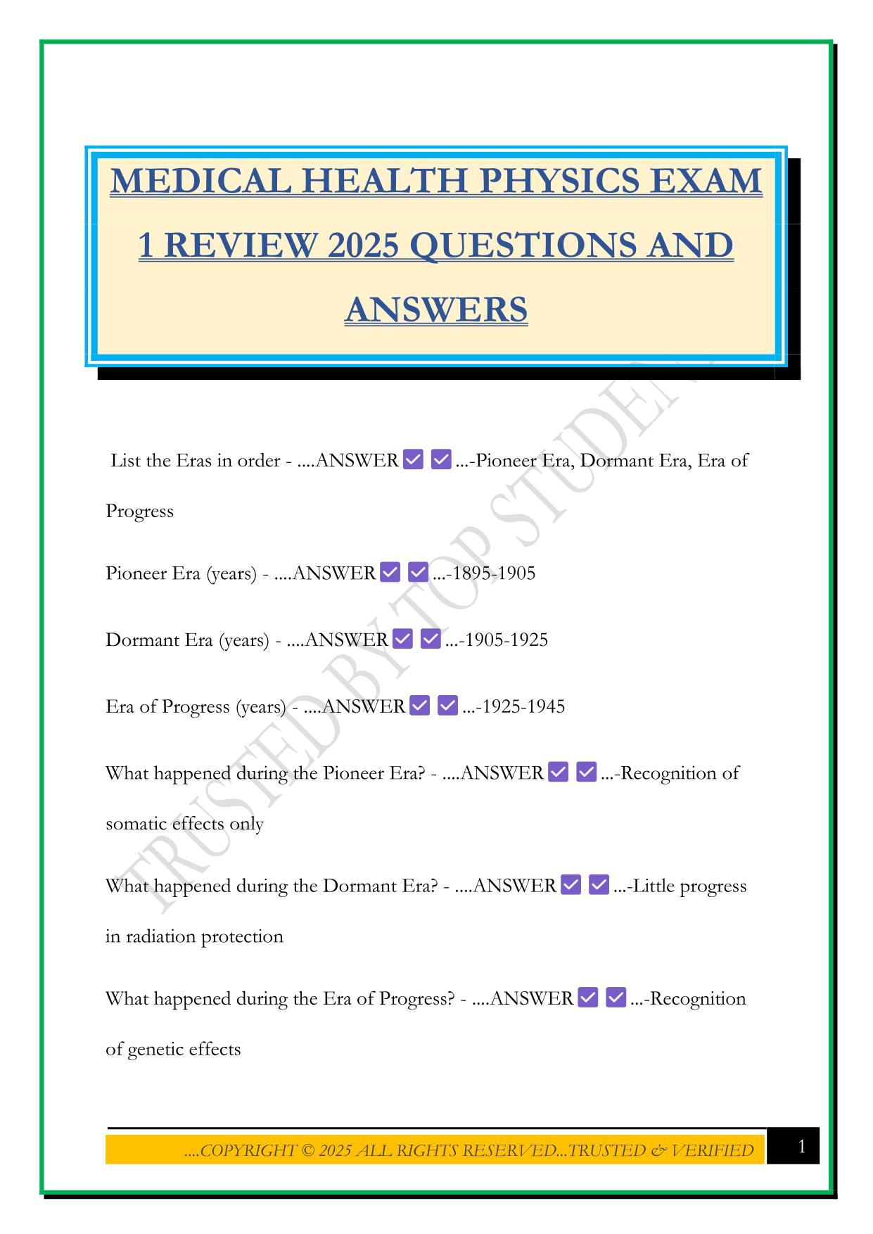 MEDICAL HEALTH PHYSICS EXAM 1 REVIEW 2025 QUESTIONS AND ANSWERS