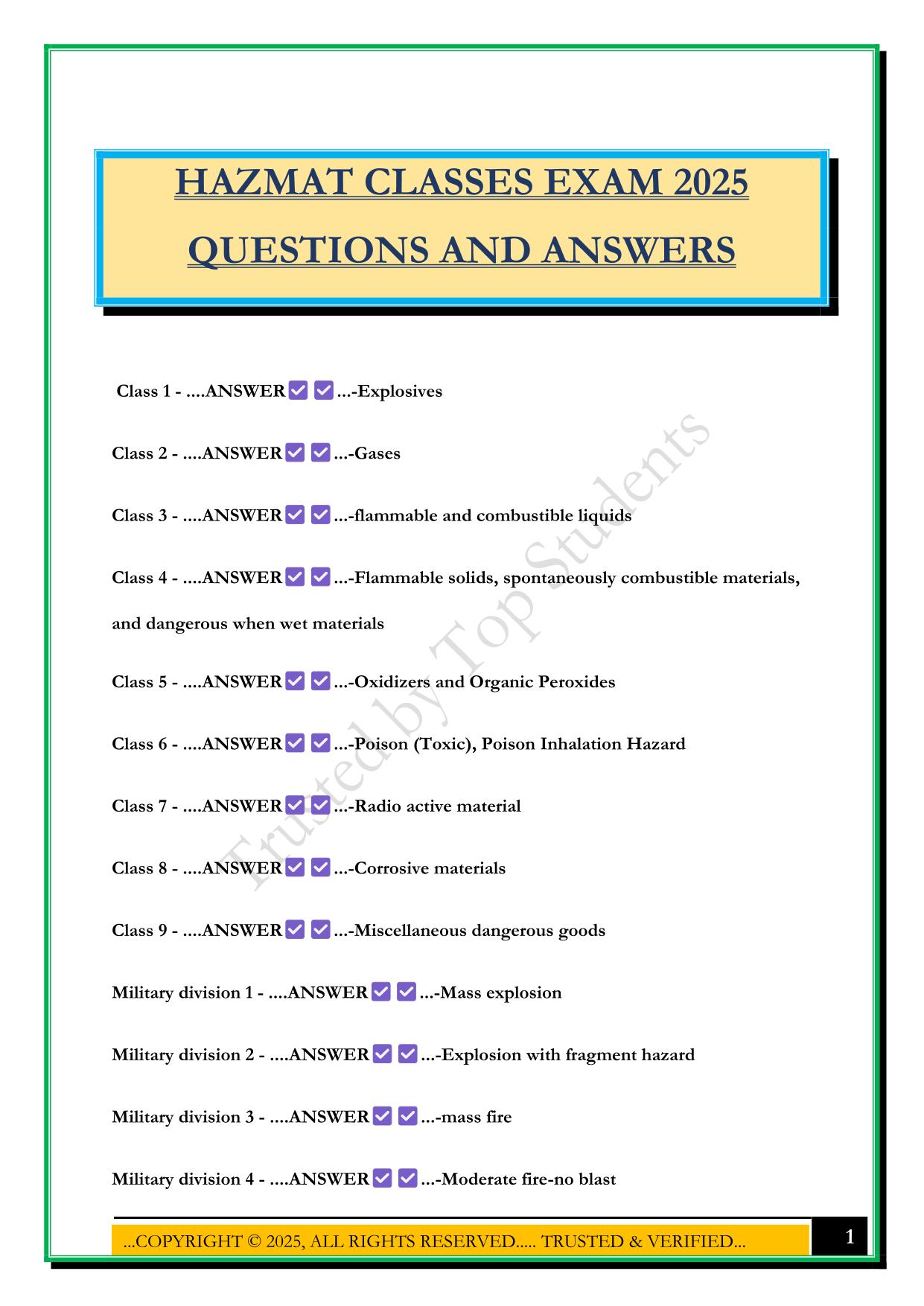 HAZMAT CLASSES EXAM 2025 QUESTIONS AND ANSWERS
