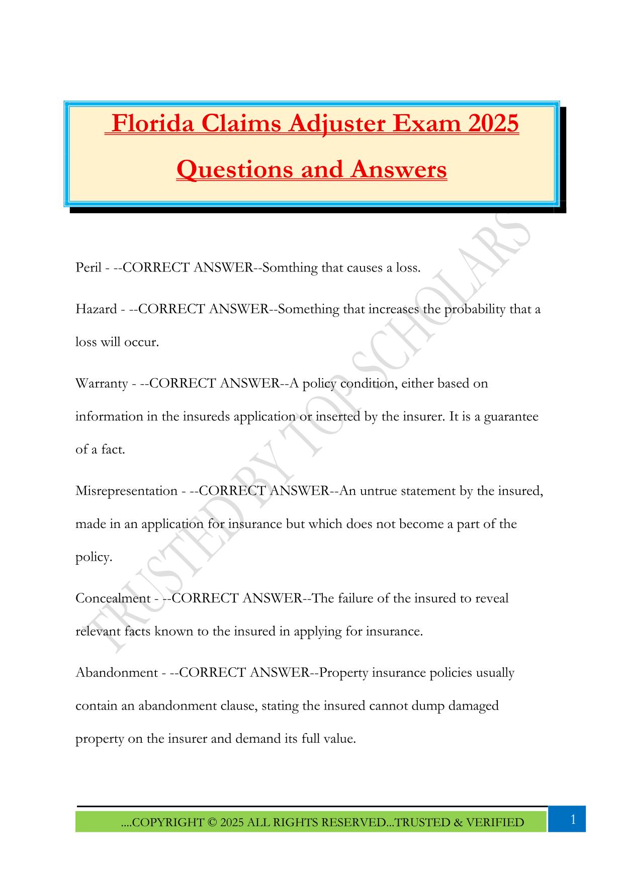 Florida Claims Adjuster Exam 2025 Questions and Answers