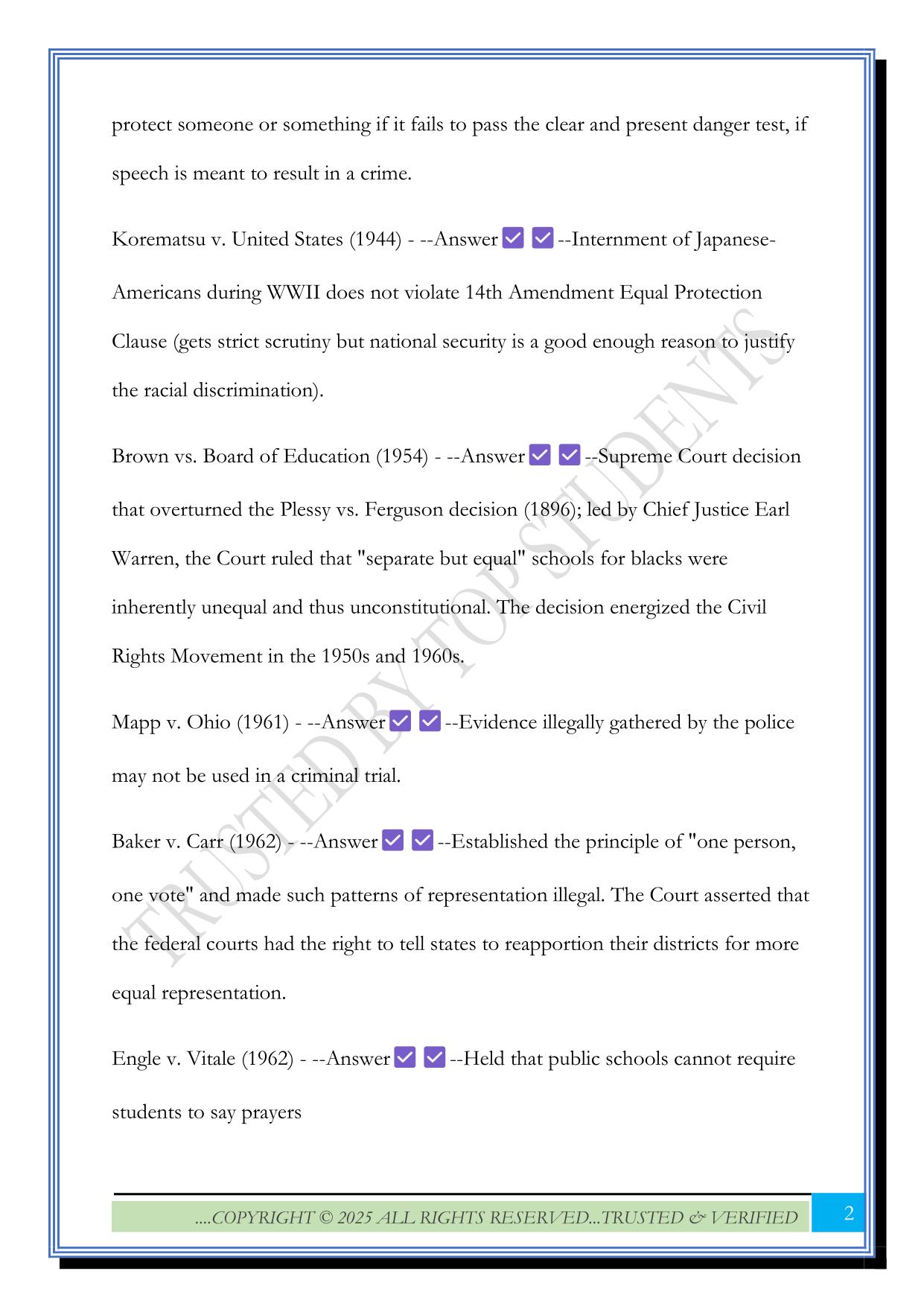 Florida Civic Literacy court cases Exam 2025 Questions and Answers