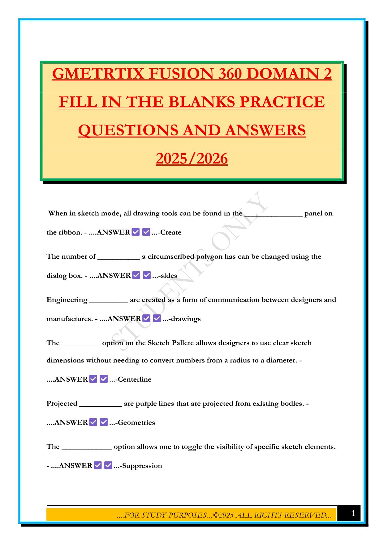 GMETRTIX FUSION 360 DOMAIN 2 FILL IN THE BLANKS PRACTICE QUESTIONS AND ANSWERS 2025/2026