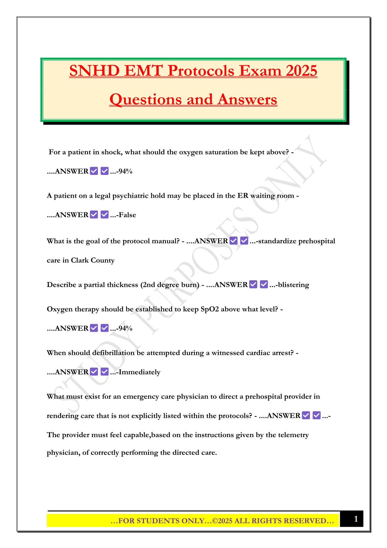 SNHD EMT Protocols Exam 2025 Questions and Answers